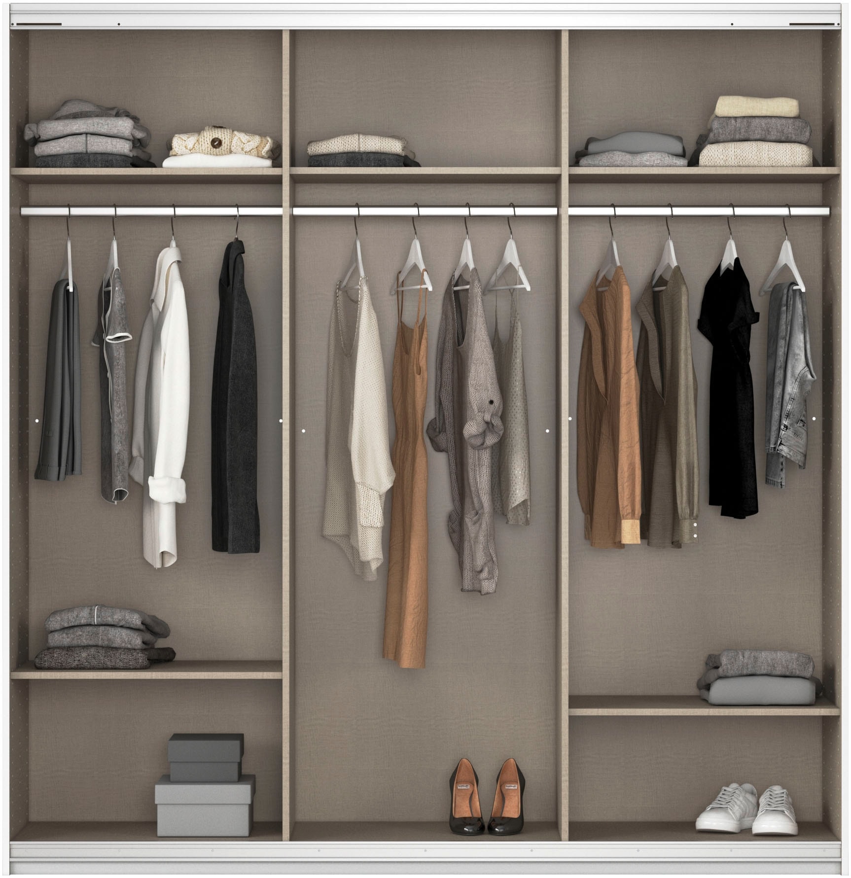 rauch Schwebetürenschrank »Kleiderschrank Schrank Garderobe AGORDO mit Dekor- oder Hochglanzfront«, (in zwei Griff-Farben), durchdachte Innenausstattung, in 4 Breiten und 2 Höhen MADE IN GERMANY