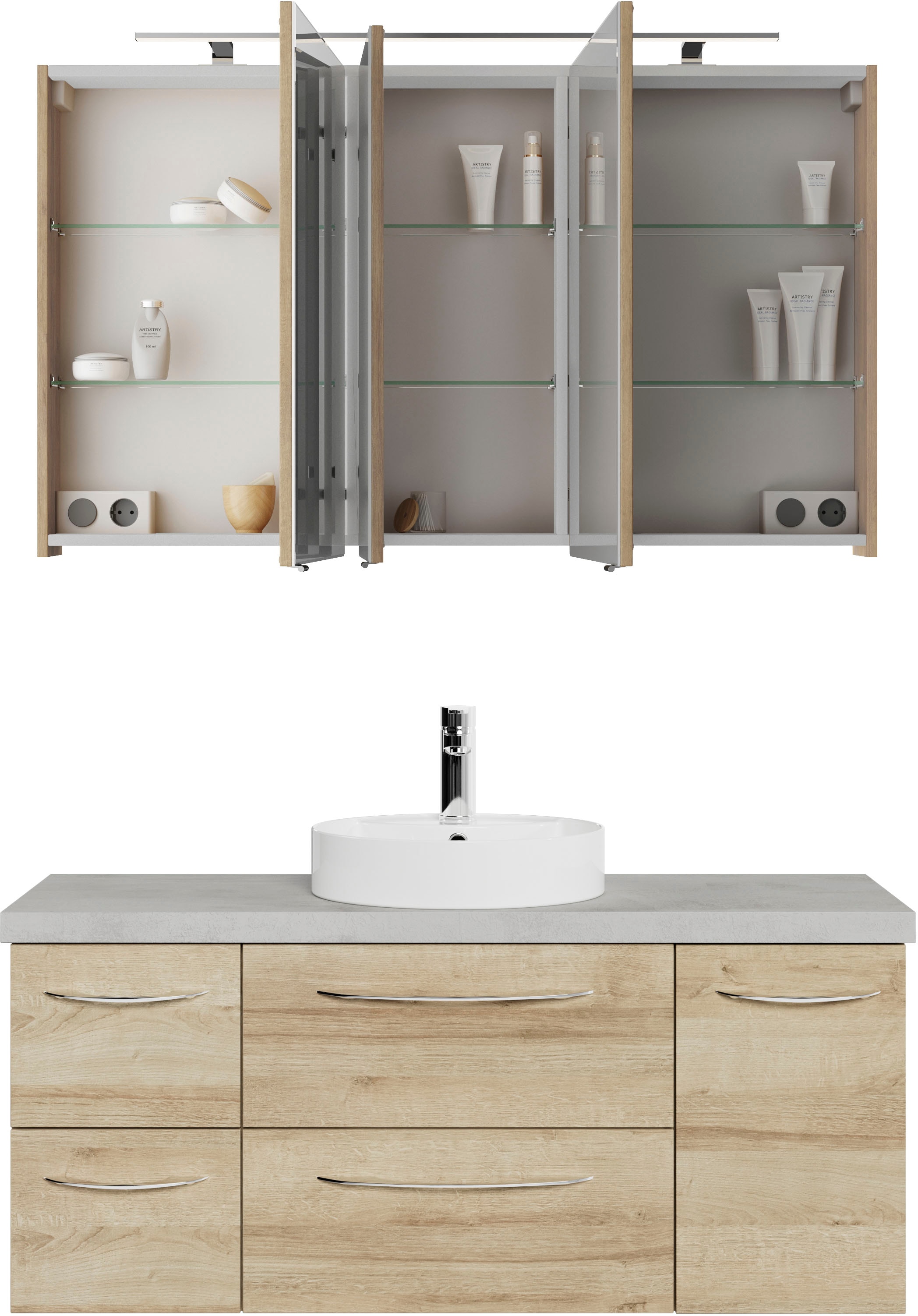 Saphir Badmöbel-Set »Serie 4035 2-teilig, Keramik-Aufsatzbecken mit LED-Spiegelschrank«, (Set), Waschplatz inkl. Türdämpfer, 120 cm breit, 4 Schubladen, 4 Türen