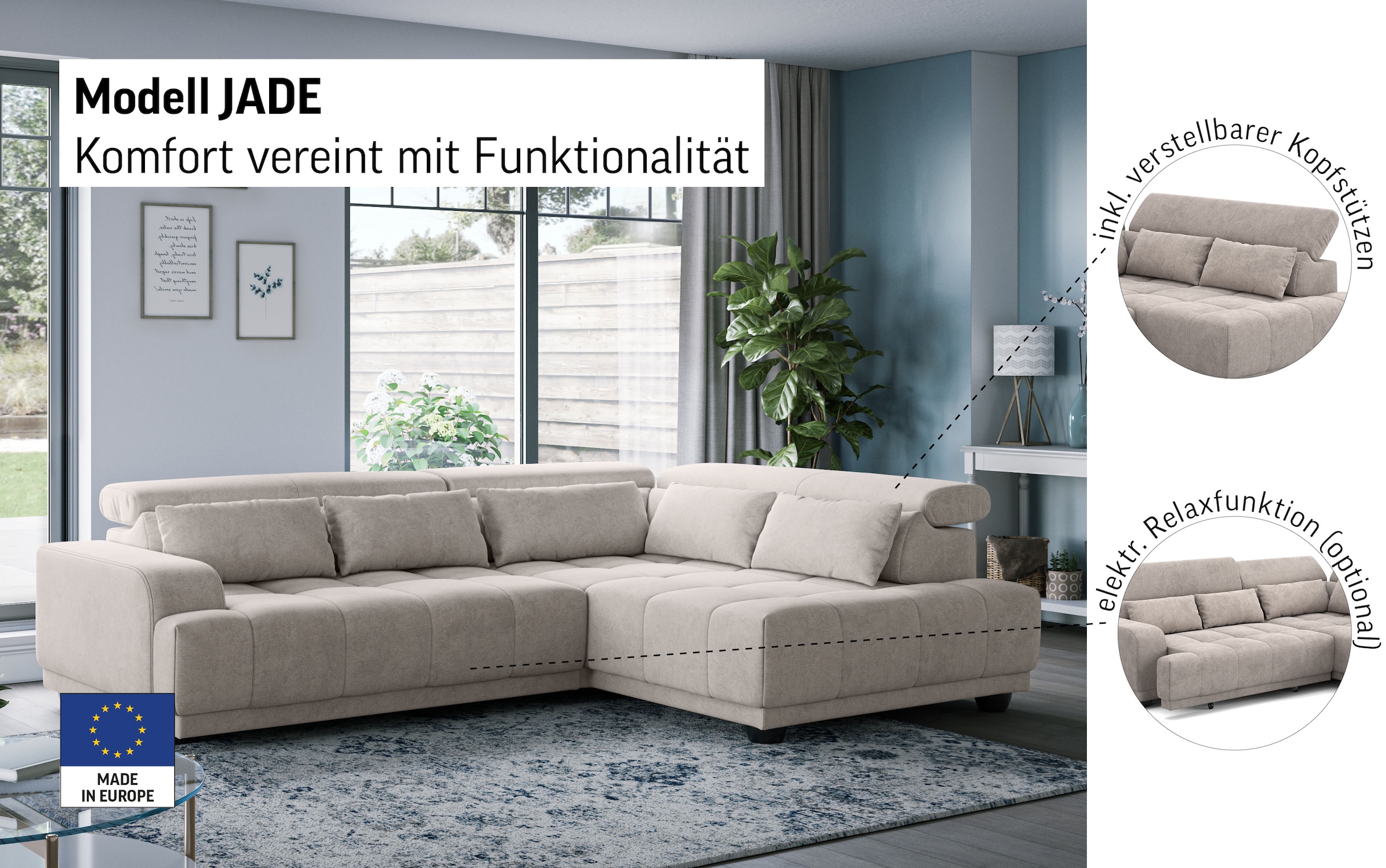 COTTA Ecksofa »Jade L Form, B: 270 cm, mit Kopfteilverstellung & Nierenkissen« optional elektr. Sitztiefenverstellung