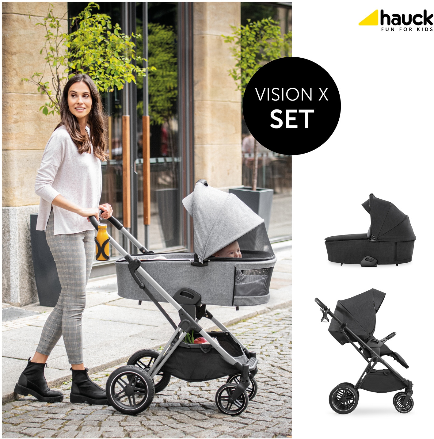 Hauck Kombi-Kinderwagen »Vision X, black/black«, 25 kg, mit Babywanne und Sportwagenaufsatz