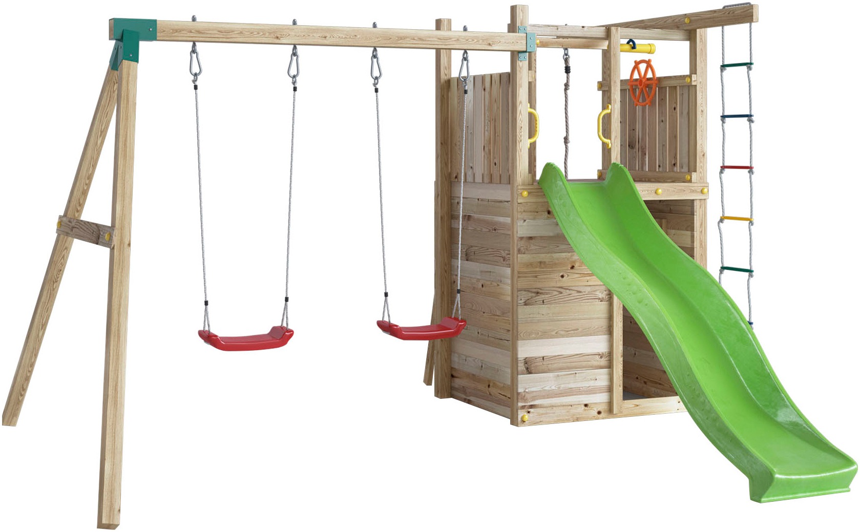 FUNGOO Spielturm »HOUSER, mit Rutsche, Schaukeln, Piratenrad und Haus mit Fenster«, Made in Europe