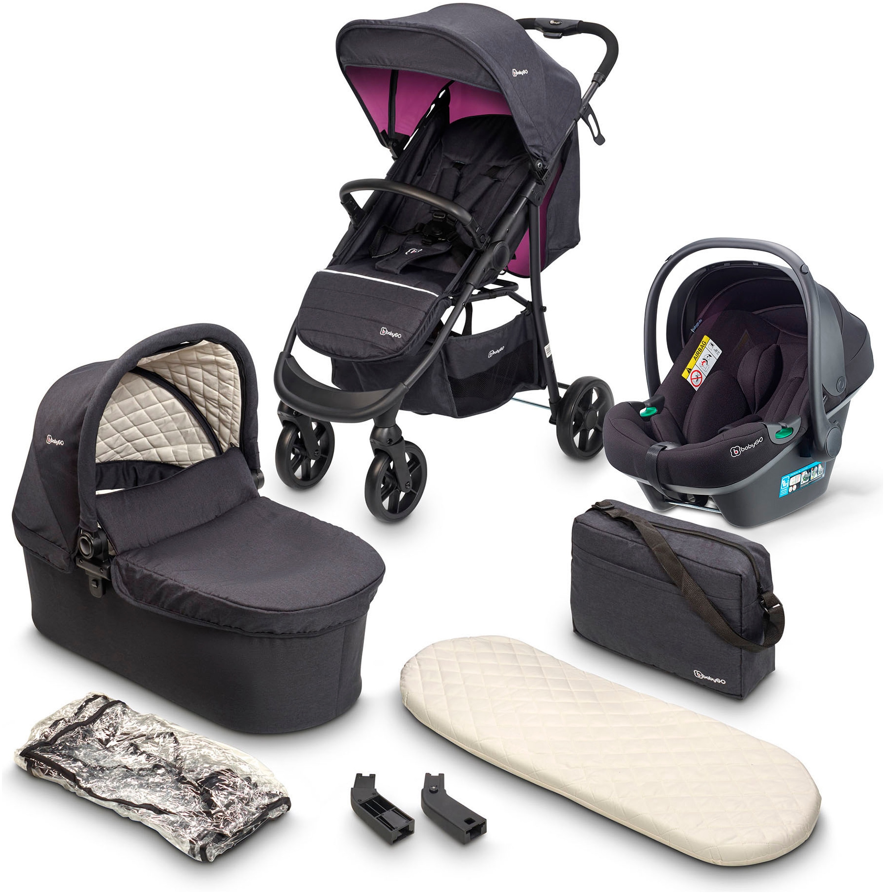 BabyGo Kombi-Kinderwagen »Style - 3in1, rosegold/black«, inkl. Babyschale mit Adaptern u. Wickeltasche
