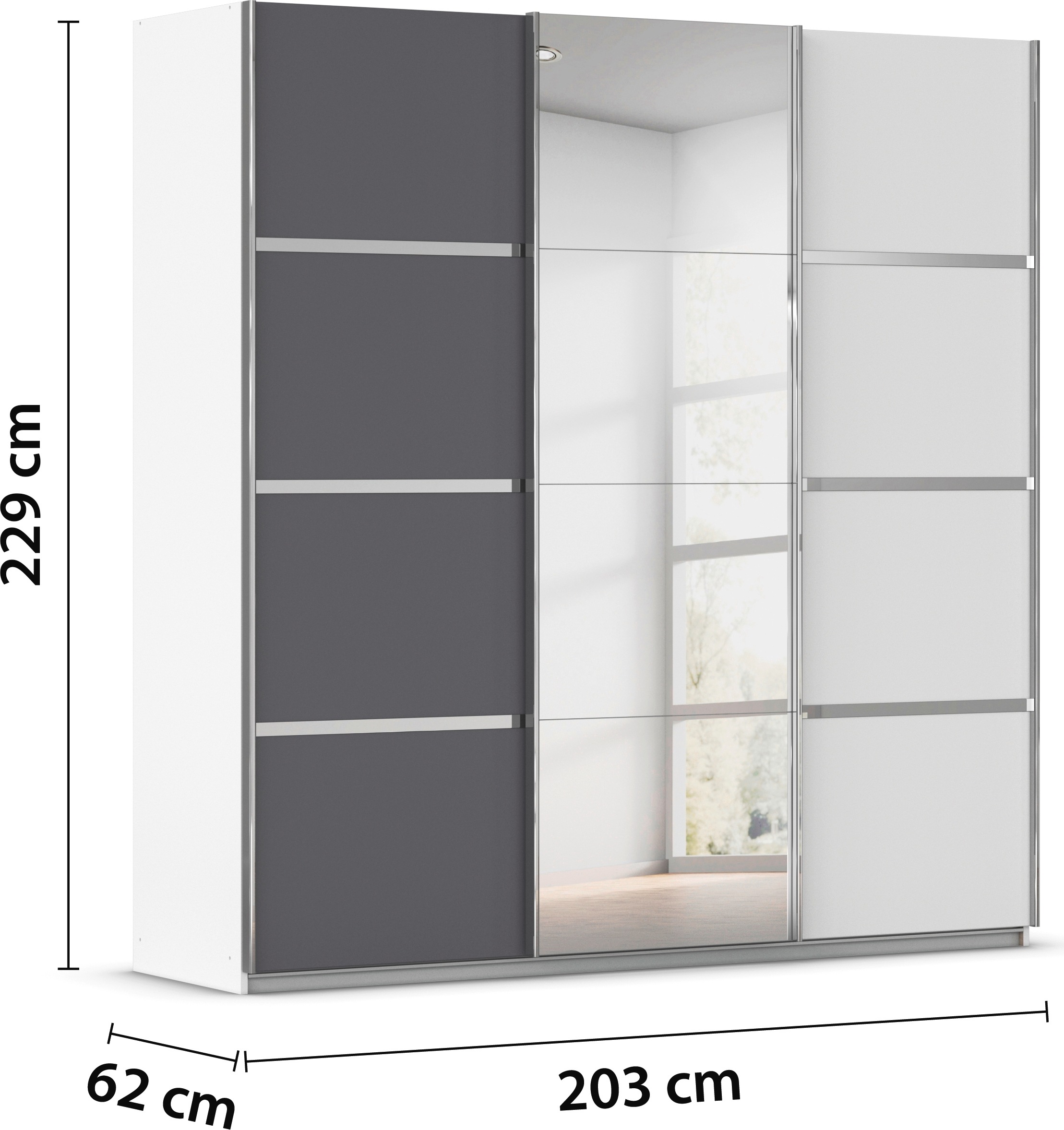 rauch Kleiderschrank »Schwebetürenschrank OTTO´s Choice Garderobe Schrank TOP ANGEBOT Avola«, (in 3 verschiedenen Ausstattungen BASIC/CLASSIC/PREMIUM inkl. Spiegel), mit eleganten Zierleisten in Chrom, Schwarz oder Weiß MADE IN GERMANY