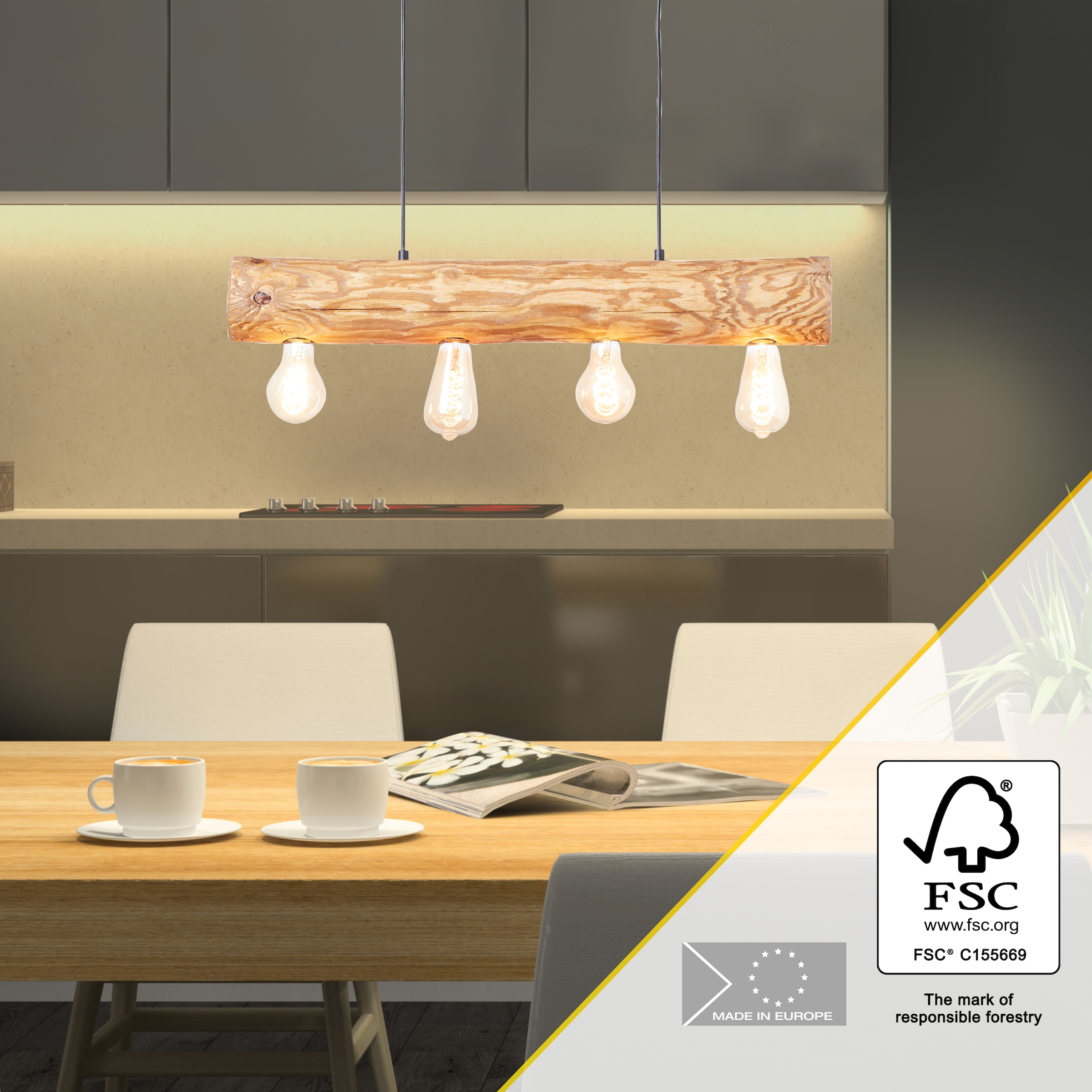 Brilliant Pendelleuchte »Trabo«, 4 flammig, Leuchtmittel E27 | ohne Leuchtmittel, 105cm Höhe, 70cm Breite, 4 x E27, kürzbar, Holz/Metall, kiefer gebeizt