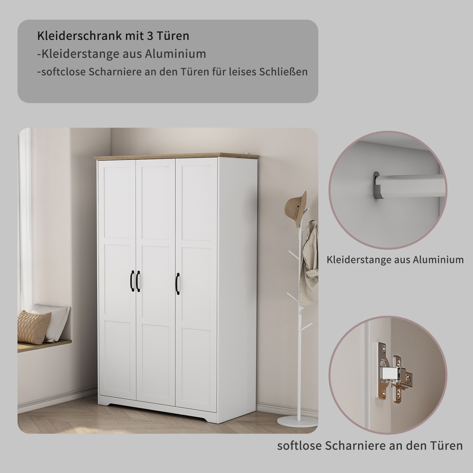 OTTO home Kleiderschrank »Emmilia Schrank Schlafzimmerschrank im Landhaus Design« Mit vielen Einlegeböden und Softclose,  Landhaus Schrank mit  3 Türen Breite 113,4cm, Höhe 2m
