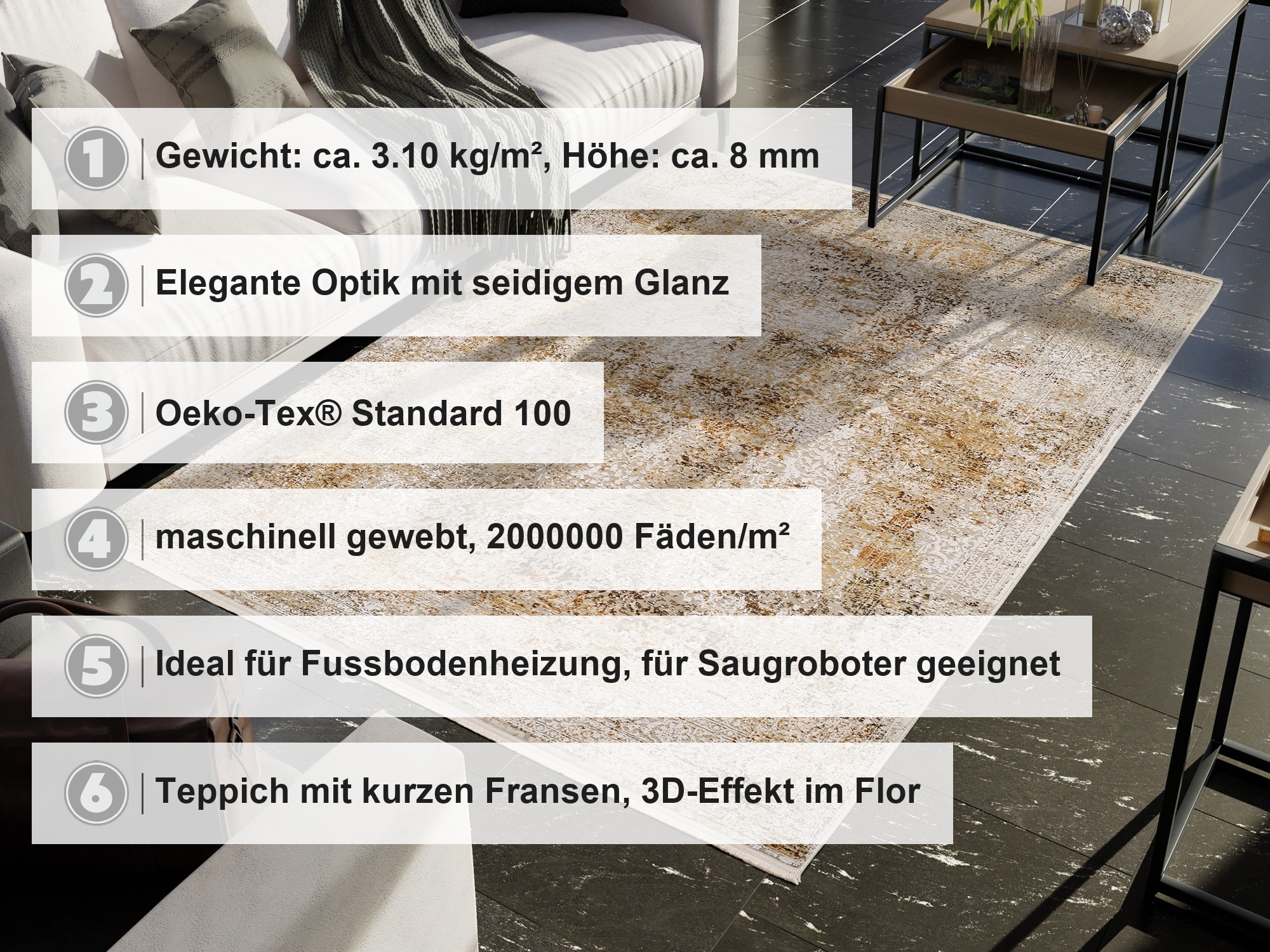 OCI DIE TEPPICHMARKE Teppich »BESTELLER CAVA« rechteckig 8 mm Höhe Glanz Viskose, mit Fransen, Hoch Tief Struktur, Vintage, Wohnzimmer