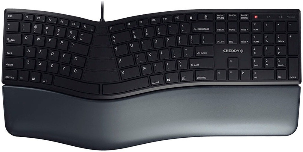 Cherry Tastatur »KC 4500 ERGO Kabelgebundene Ergonomische Tastatur, Schwarz, USB« (Fn-Tasten | Funktionstasten | Handgelenkauflage | Lautstärkeregler | Multimedia-Tasten | Ziffernblock | ergonomische Form | verstellbare Füße)