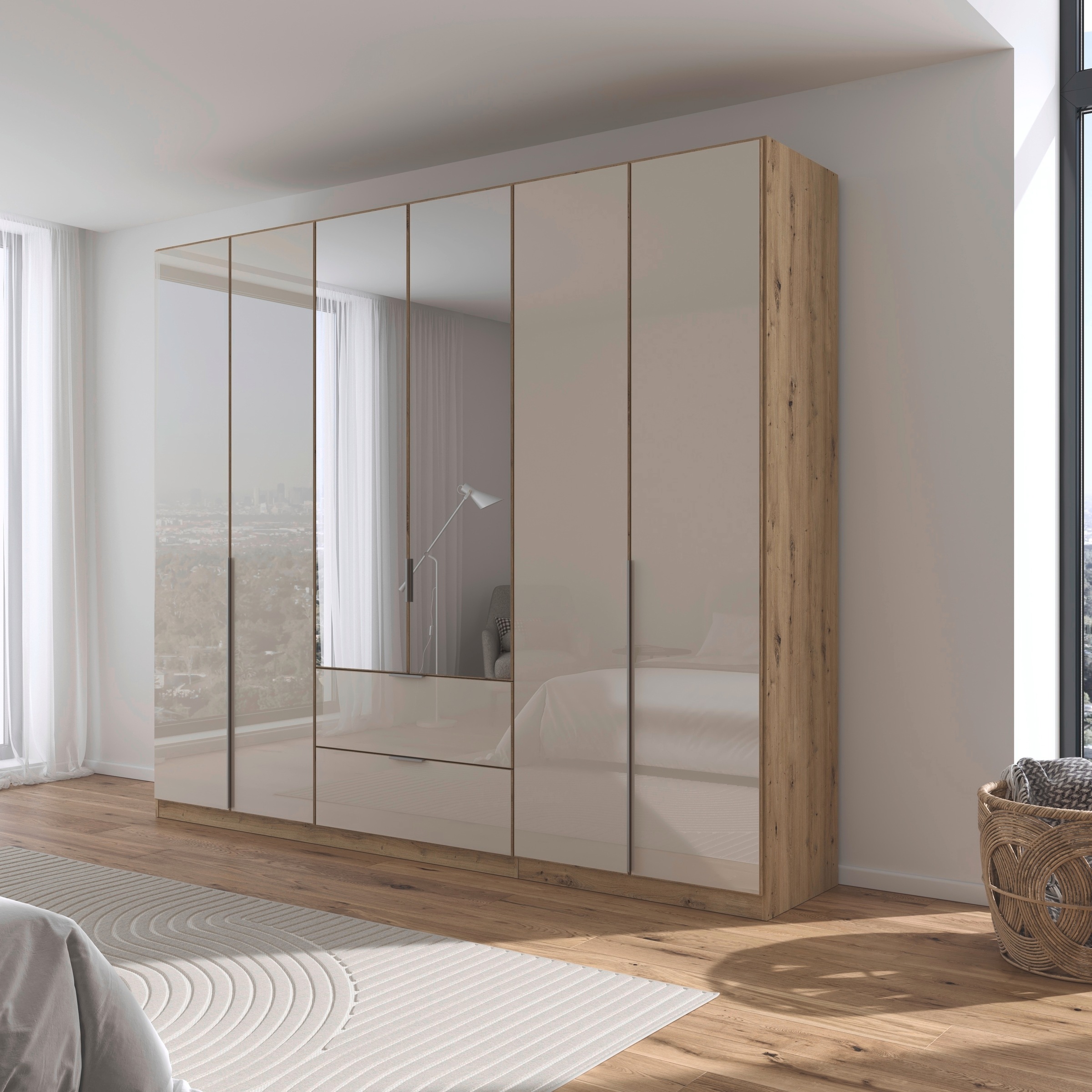 rauch Drehtürenschrank »Kleiderschrank Kleiderschränke Schrank Garderobe AGORDO mit Glasfront«, (in zwei Griff-Farben mit Glasfront), mit Außenschubkästen, in 6 Breiten und 2 Höhen MADE IN GERMANY