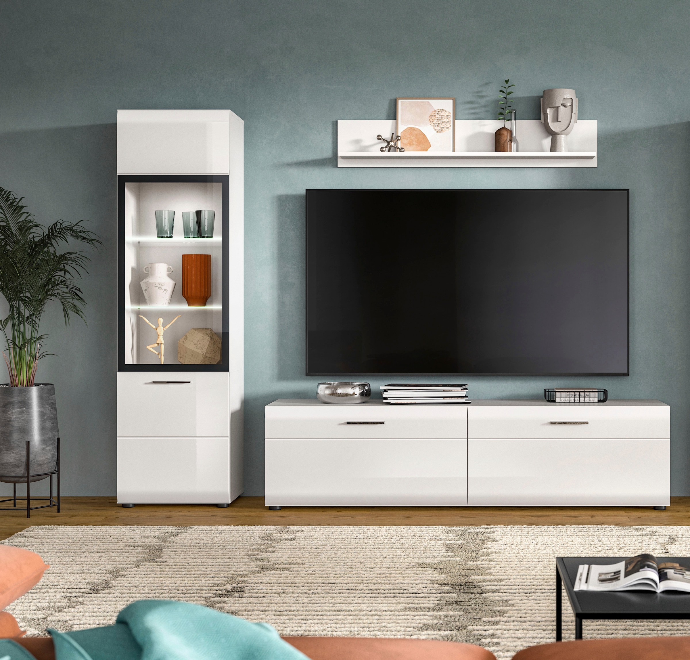 INOSIGN Wohnwand »FLORENZ, 3-teilige Wohn-Kombination, hochwertige MDF-Front« Set, Set, best. aus: 1 Vitrine, 1 Lowboard, 1 Wandboard, 3 Stk. tlg.