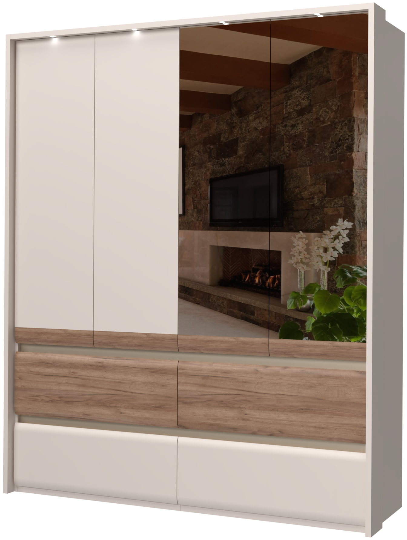 Places of Style Kleiderschrank »Invictus, UV lackiert, FSC-zertifiziert, grifflose Optik«, (abgerundete Schubladen aus MDF im Holzdekor, soft-close), mit Beleuchtung und Spiegel, in 4 Breiten, hoher Schrank (226cm)