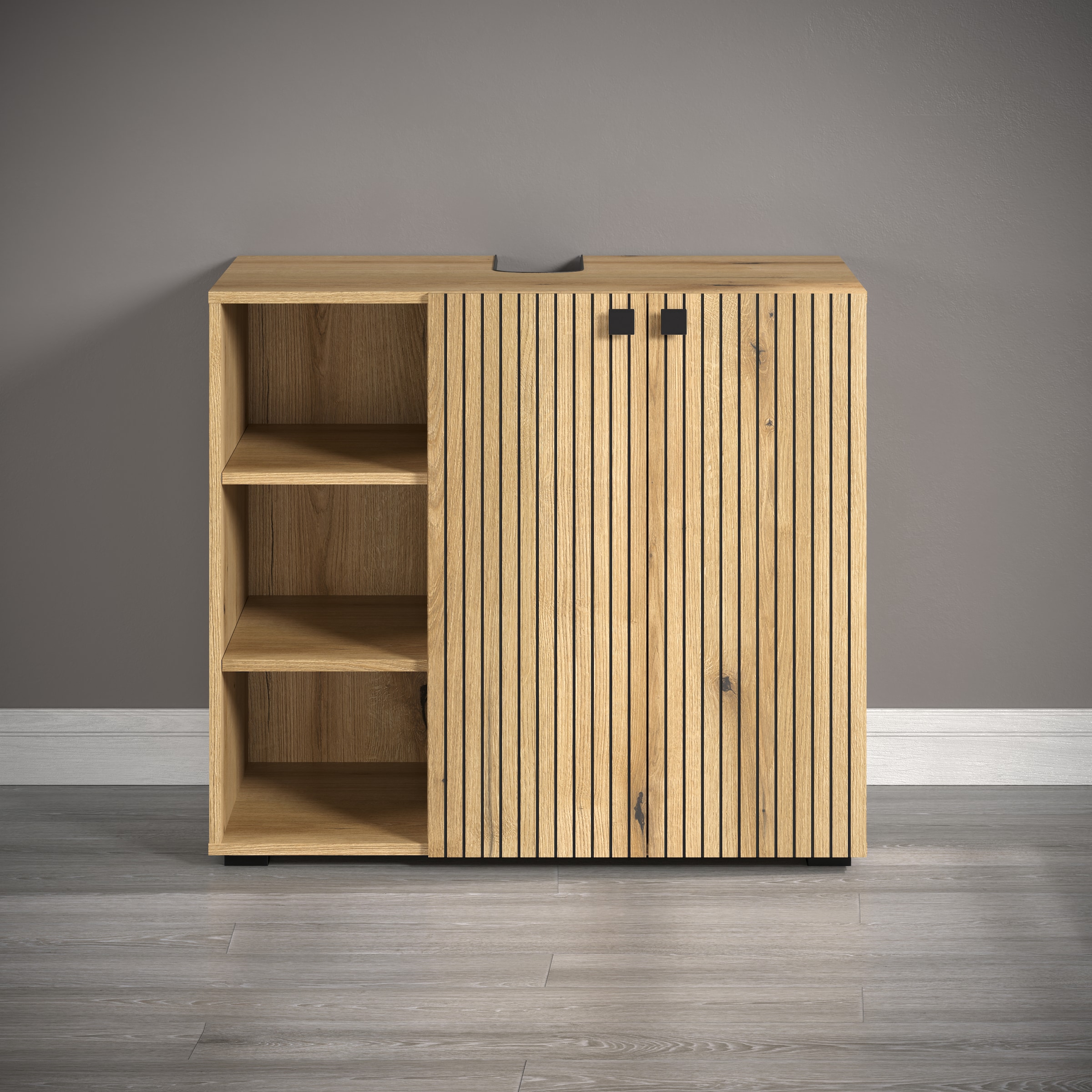 welltime Waschtisch »Amrum Waschbeckenunterschrank und Waschbecken«, Waschbeckenunterschrank mit Rillenoptik - Maße (B/T/H) 90/53/79 cm