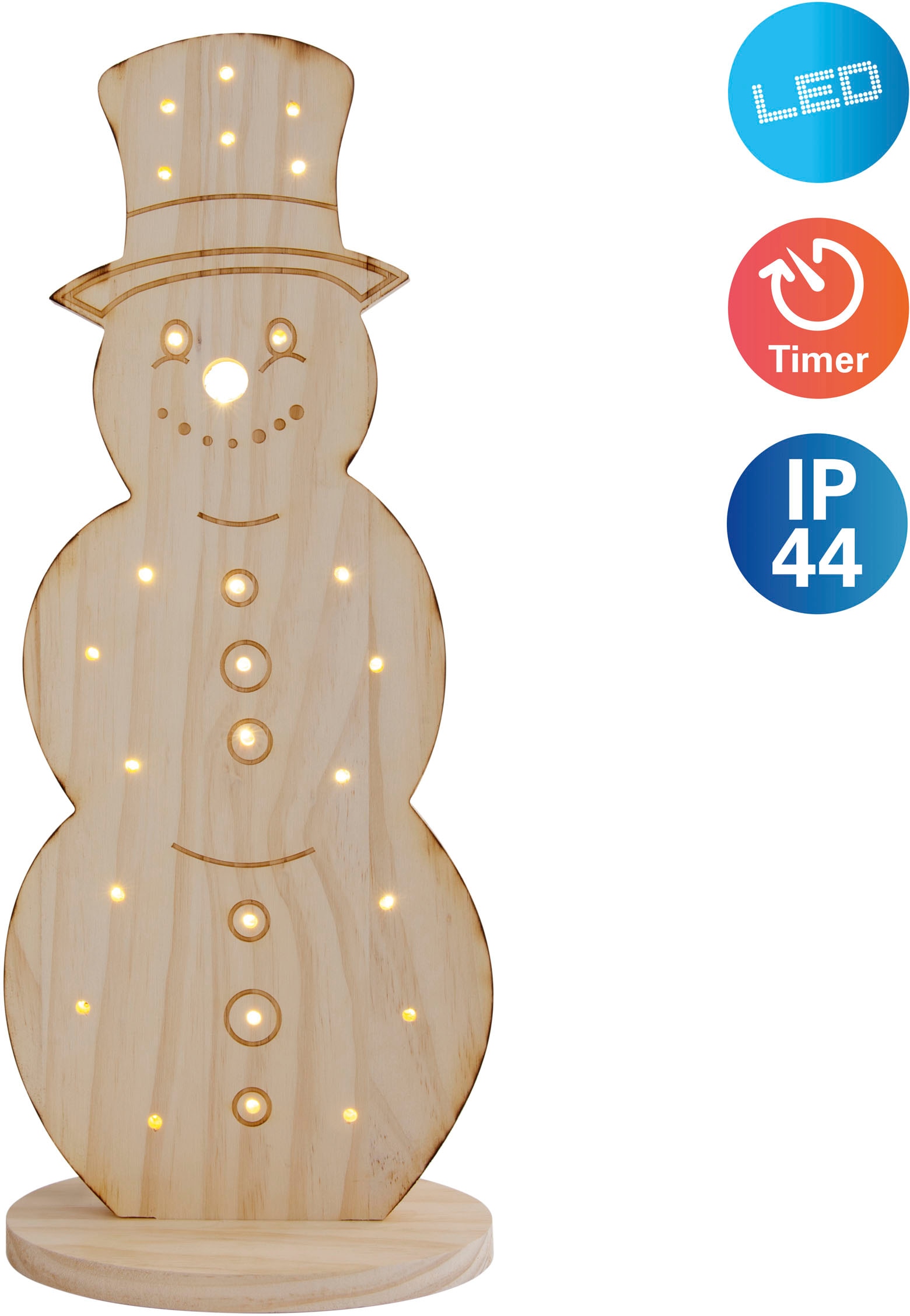 näve LED Dekoobjekt »Snowy, Weihnachtsdeko aus Holz«, Schneemann aus Holz,  inkl. Timer, Höhe ca. 80 cm, Batteriebetrieb auf Rechnung bestellen