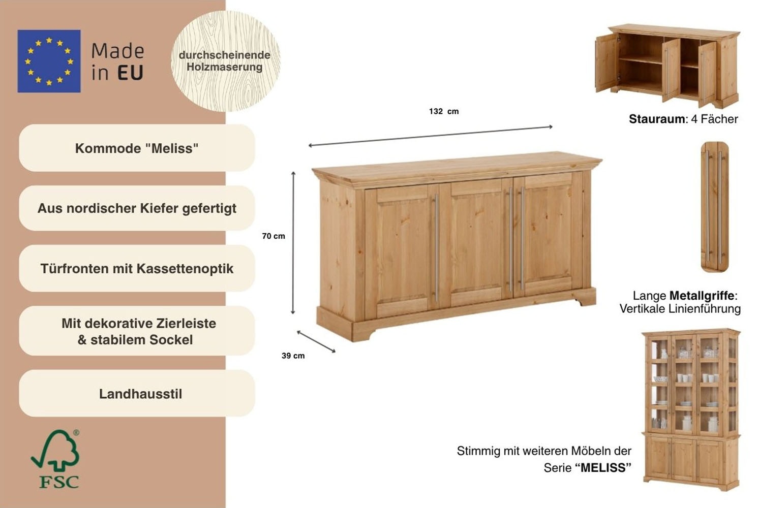 Home affaire Kommode »Meliss« aus massiver Kiefer, FSC® zertifiziert, 3-türig, Breite 132 cm