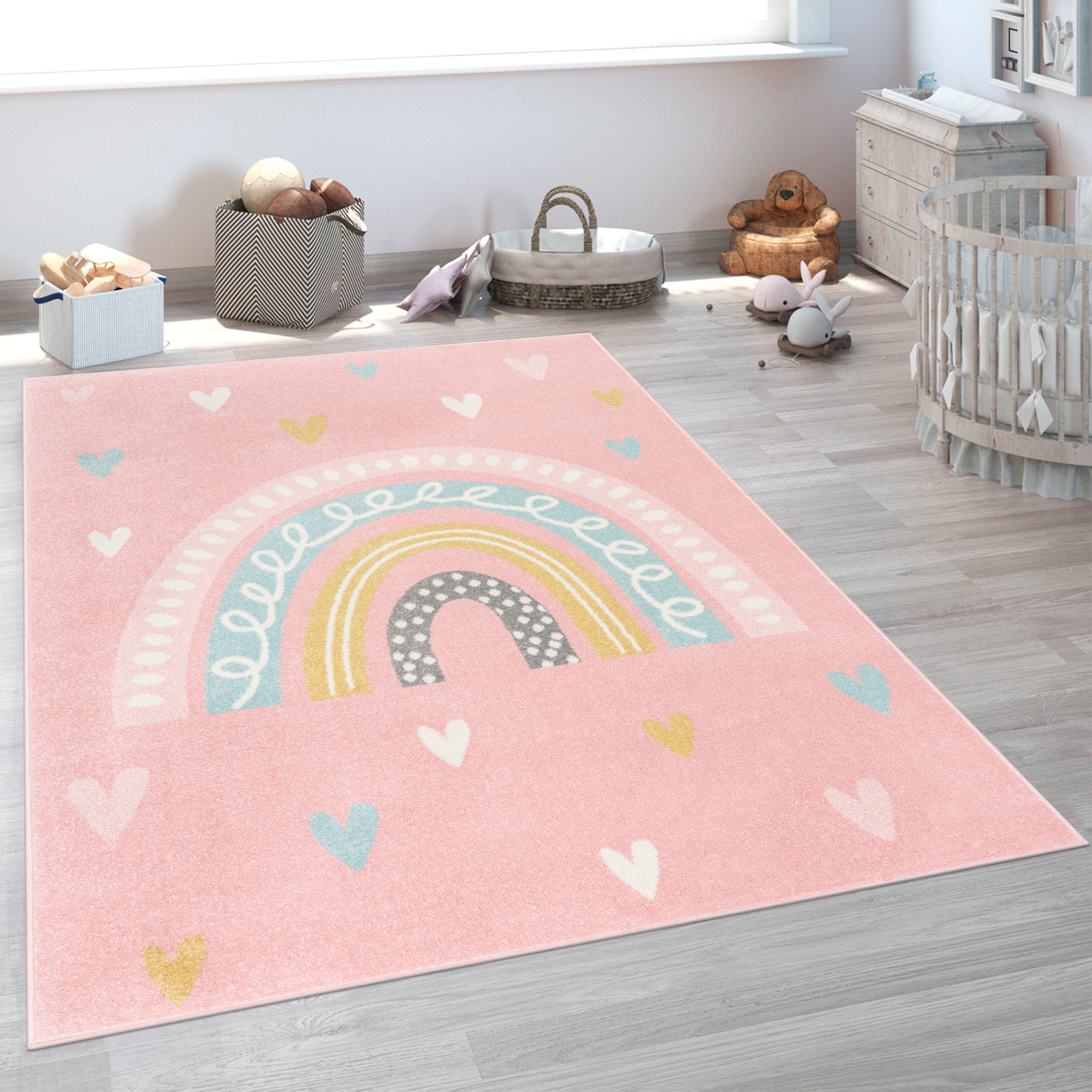 Bild von Paco Home Kinderteppich »Nino 887«, rechteckig, Kurzflor, Spielteppich, Motiv Regenbogen & Herzen, Kinderzimmer