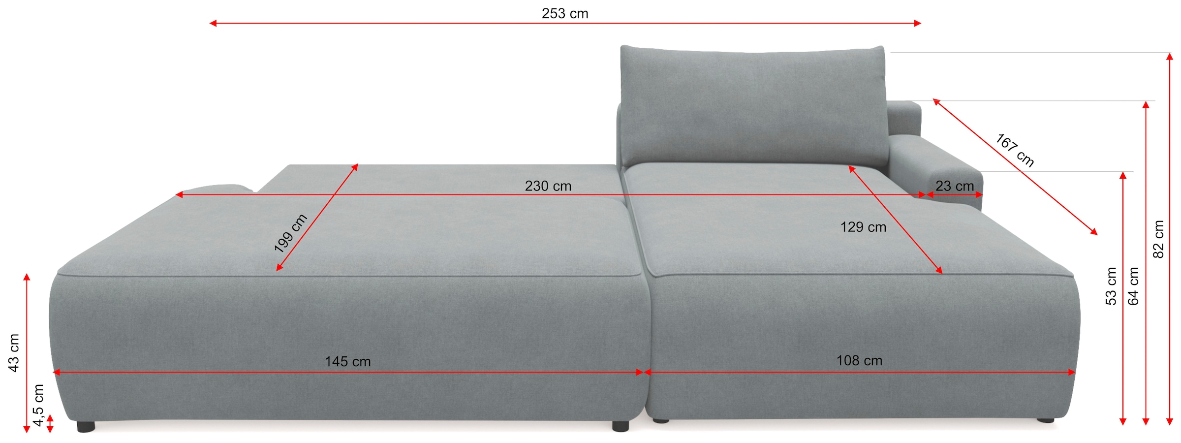 TRENDMANUFAKTUR Ecksofa »Prag, Schlafsofa mit Bettkasten, Couch in L-Form, Breite 253 cm« in feinem Strukturstoff, anthrazit, Recamiere rechts