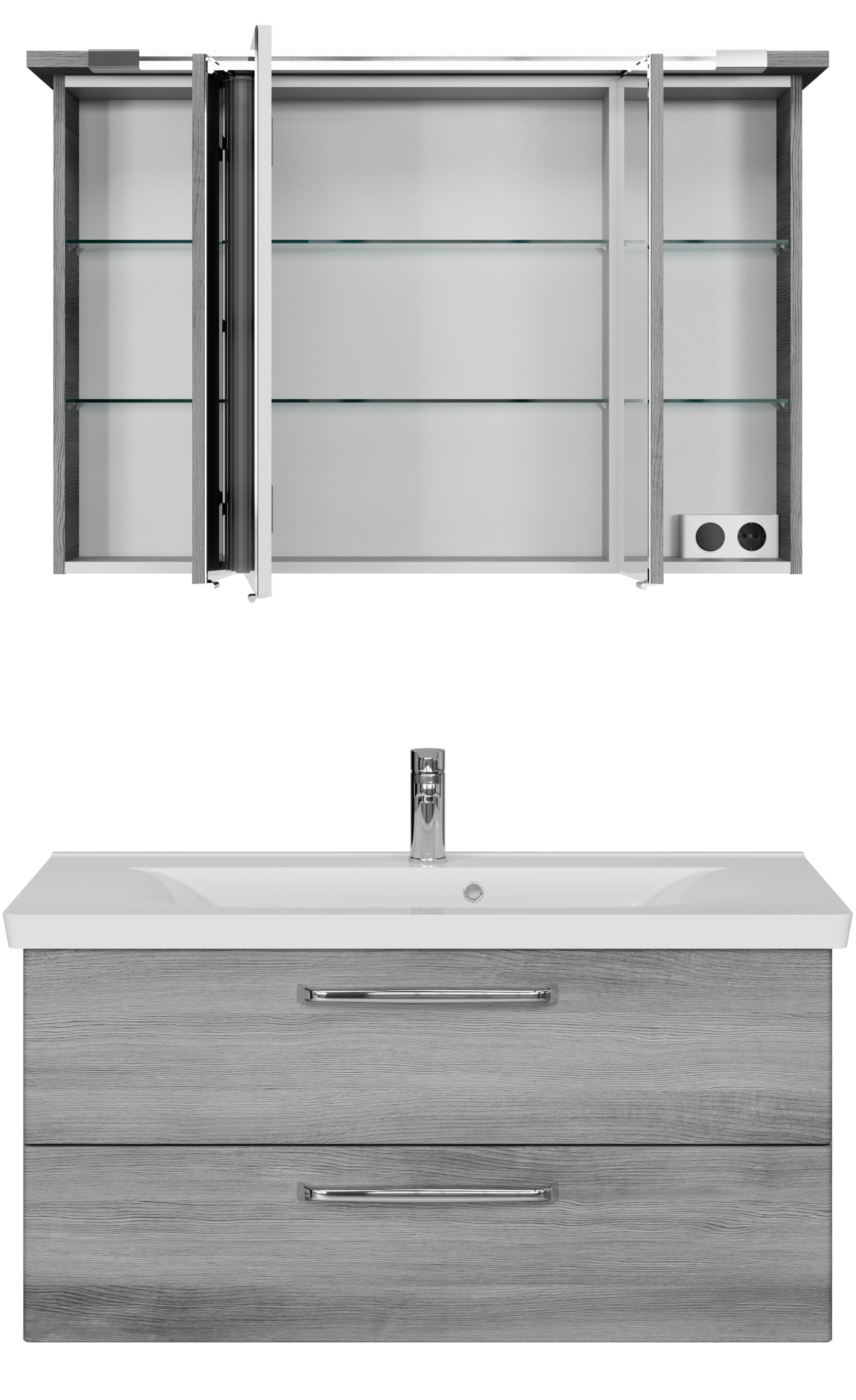 Saphir Badmöbel-Set »Trentino 2-tlg Mineralmarmor-Waschtisch, Spiegelschrank mit LED-Profil«, (3 St.), Badmöbel-Set 110cm breit, inkl. Türdämpfer, 3 Türen, 2 Auszügen