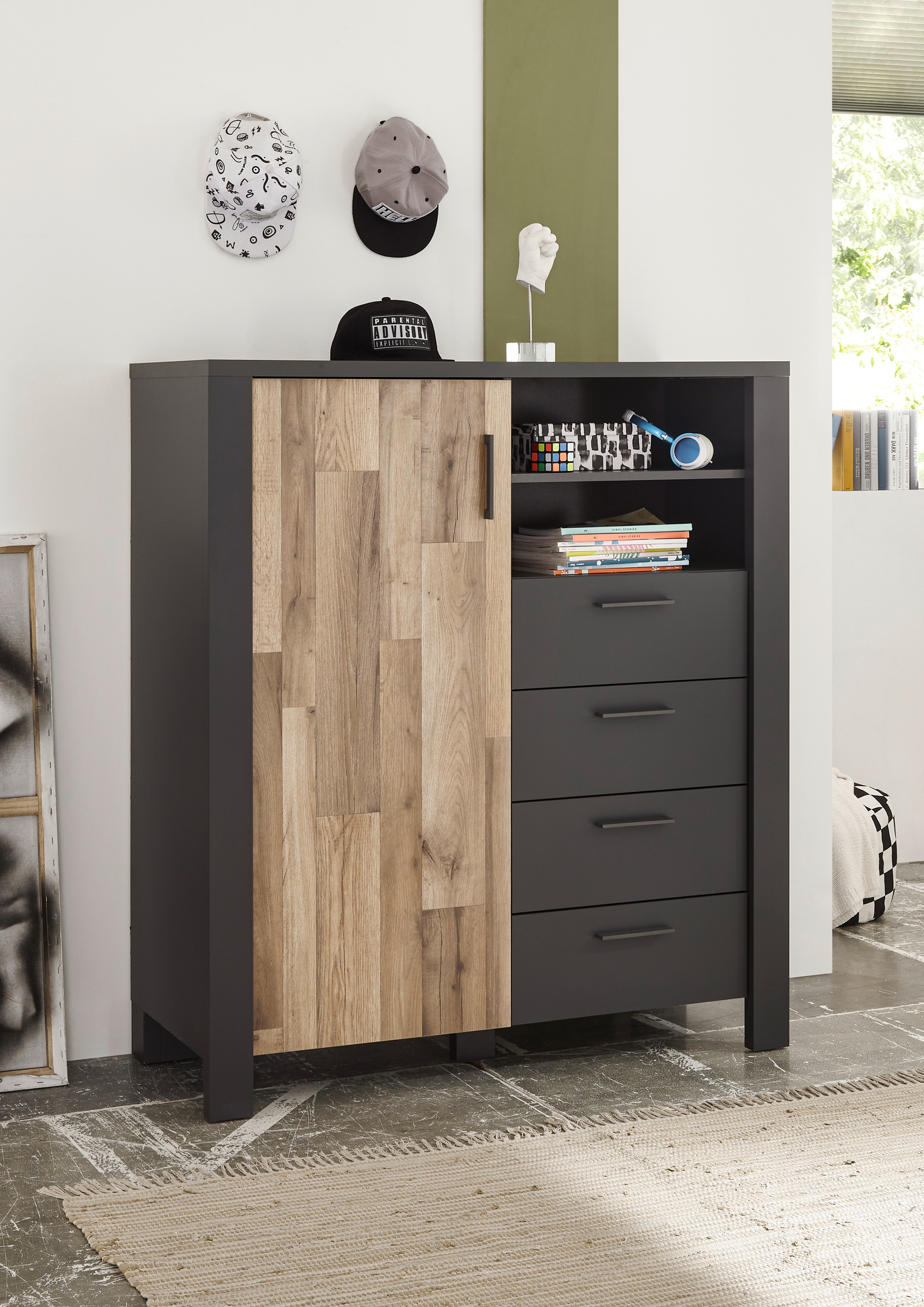 Begabino Schubkastenkommode »Dallas Hochkommode, Sideboard, Wäscheschrank«, mit Schubkästen, Schrank in Montana Oak-Graphit