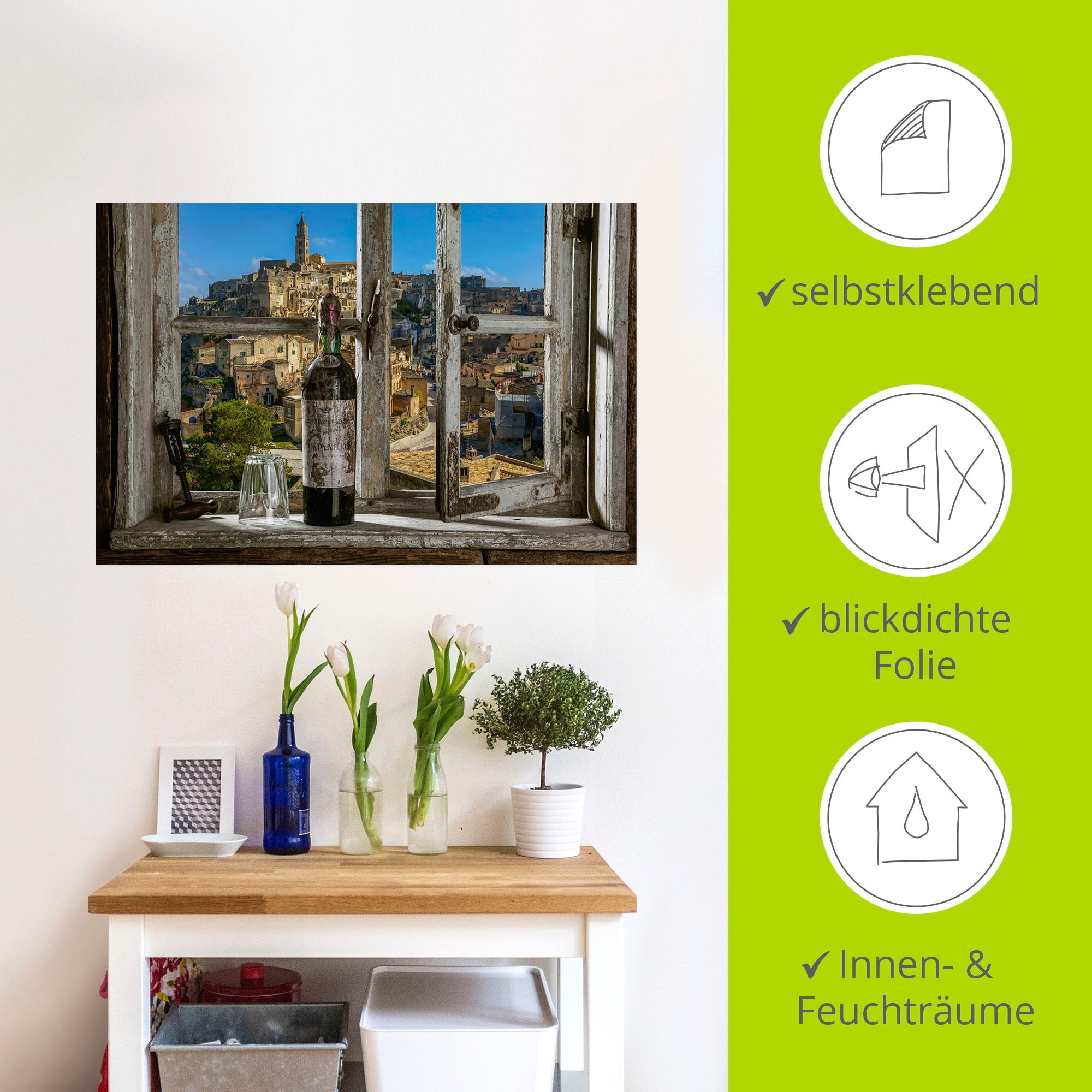 Artland Wandbild »Blick aus dem Fenster Matera, Italien«, Fenster & Türen, (1 St.), als Alubild, Outdoorbild, Leinwandbild, Poster, Wandaufkleber