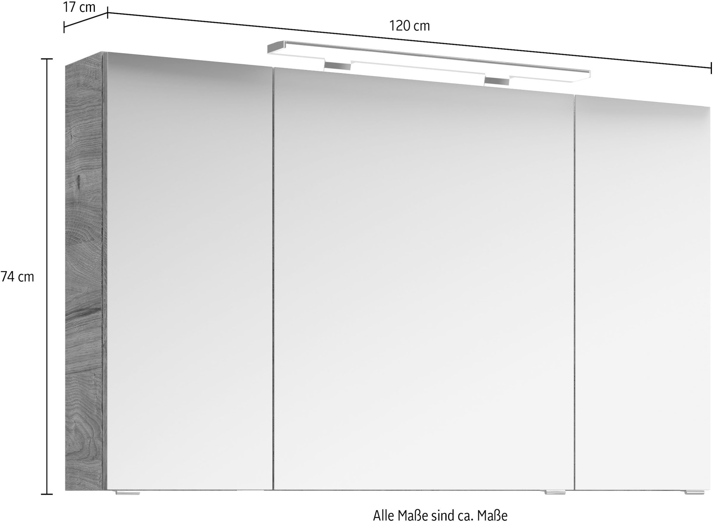 Saphir Badezimmerspiegelschrank »Serie 4010 Badezimmer-Spiegelschrank inkl. LED-Aufsatzleuchte«, Badschrank 120 cm breit, 3 Türen, 6 Glas-Einlegeböden, inkl Türdämpfer