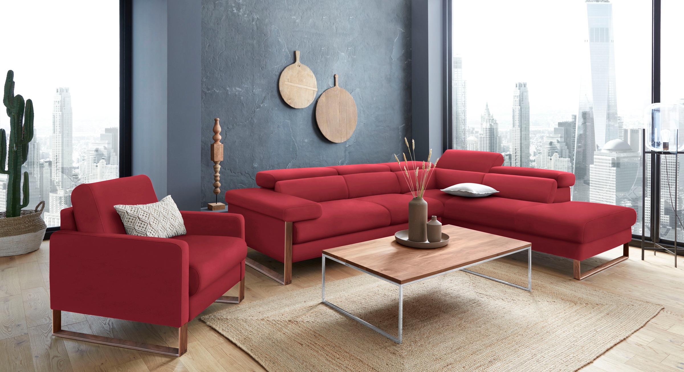 W.SCHILLIG Ecksofa »finn, Designsofa mit tollem Sitzkomfort, bequem, L-Form«, German Design Award 2016, Fußgestell Nussbaum natur, Breite 281 cm