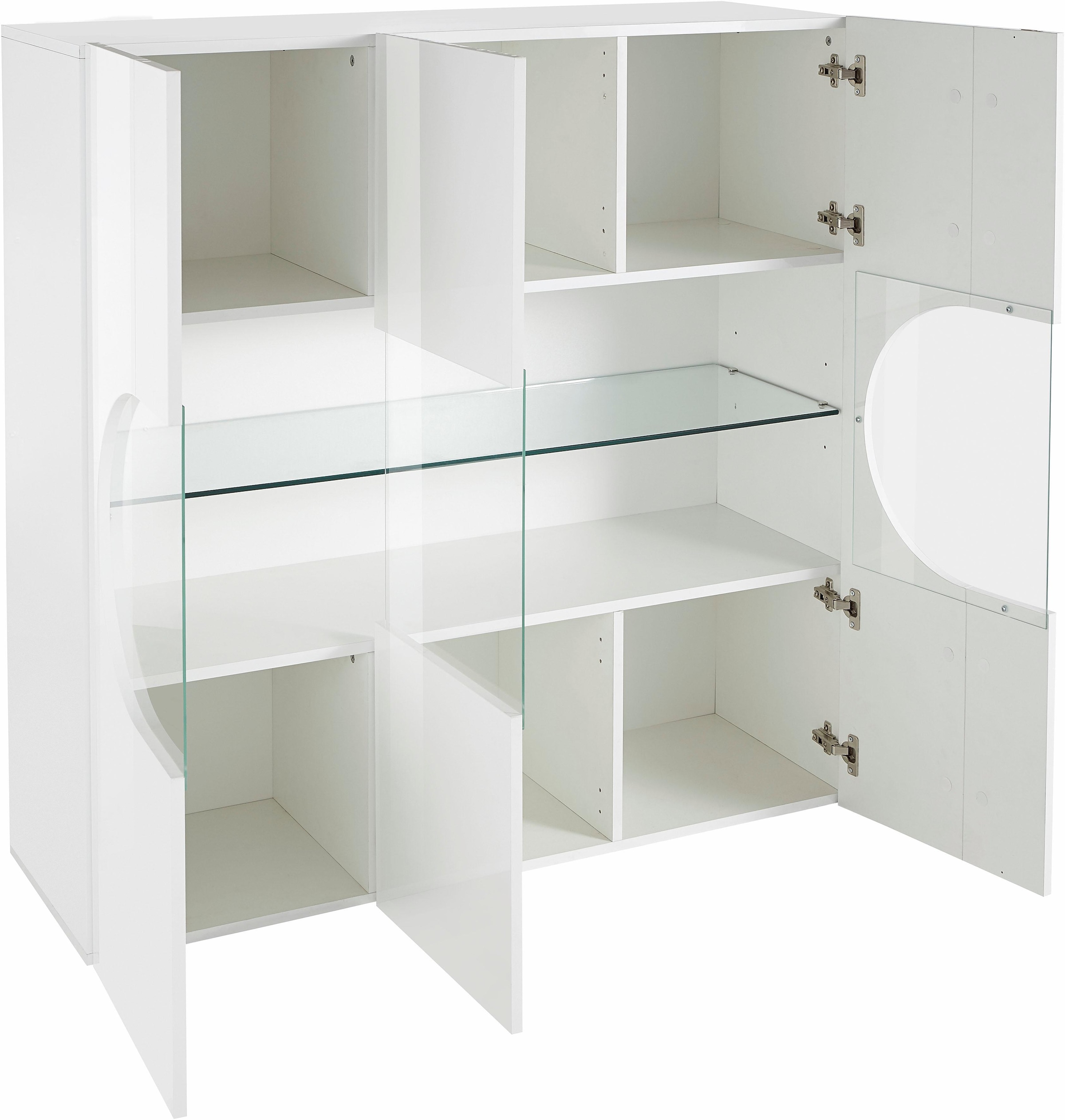 INOSIGN Highboard »Real,Highboard,Kommode,Schrank mit 3 Türen,komplett hochglanz lackiert«, mit 3 Türen, davon 2 aus Glas, mit einer großen Glasablage im Inneren