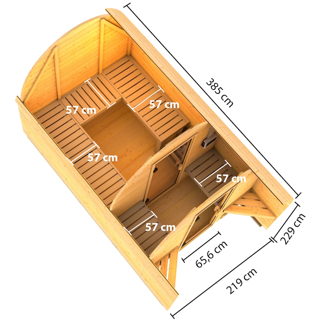 Karibu Fasssauna »Fasshaus 3«, (Set, 2 St.), 9-kW-Bio-Ofen mit externer Steuerung