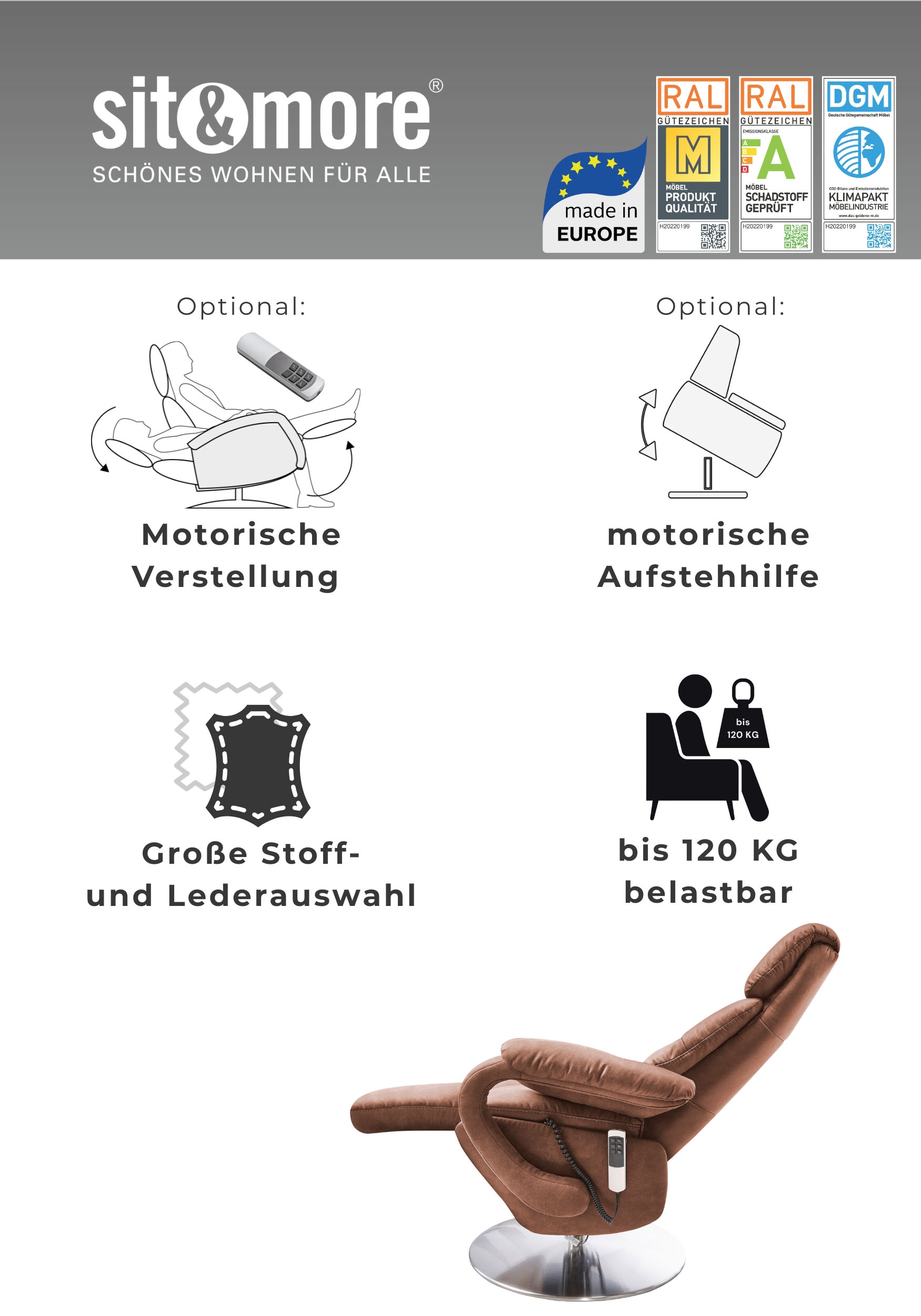 sit&more TV-Sessel »Invito mit Kopfteilverstellung & Drehfunktion, weitere Funktionen« in Größe M, wahlweise mit Motor und Aufstehhilfe