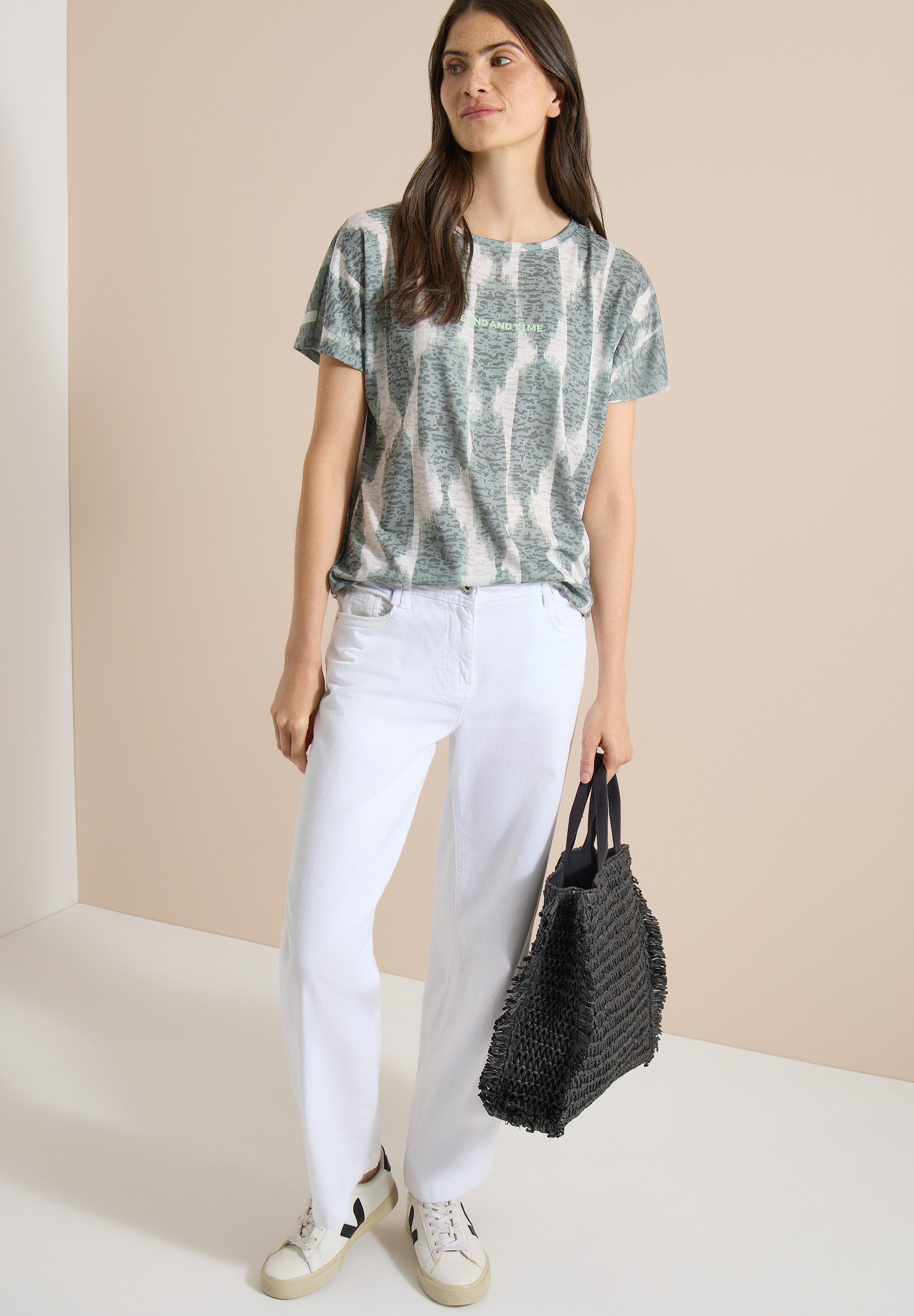 Cecil Kurzarmshirt Sommershirt im Ausbrenner-Look mit Wording