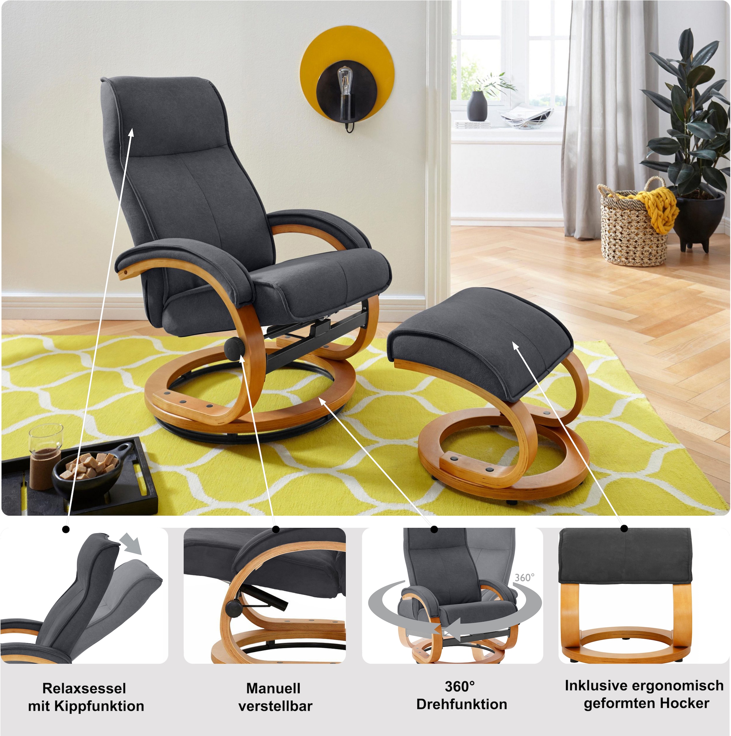 Home affaire Relaxsessel »Lille, TV-Sessel, Sessel mit Hocker, Wohnzimmer,« Schlaffunktion, Luxus-Microfaser Bezug und Holzgestell, Sitzhöhe 46 cm