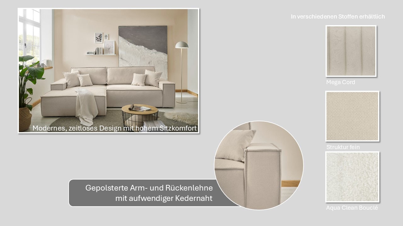 andas Ecksofa »Finnley Schlafsofa 267 cm in Bouclé, Struktur fein u. Cord, L-Form,«, Schlaffunktion m. Bettkasten (136/210 cm), Bouclé, Struktur und Cord