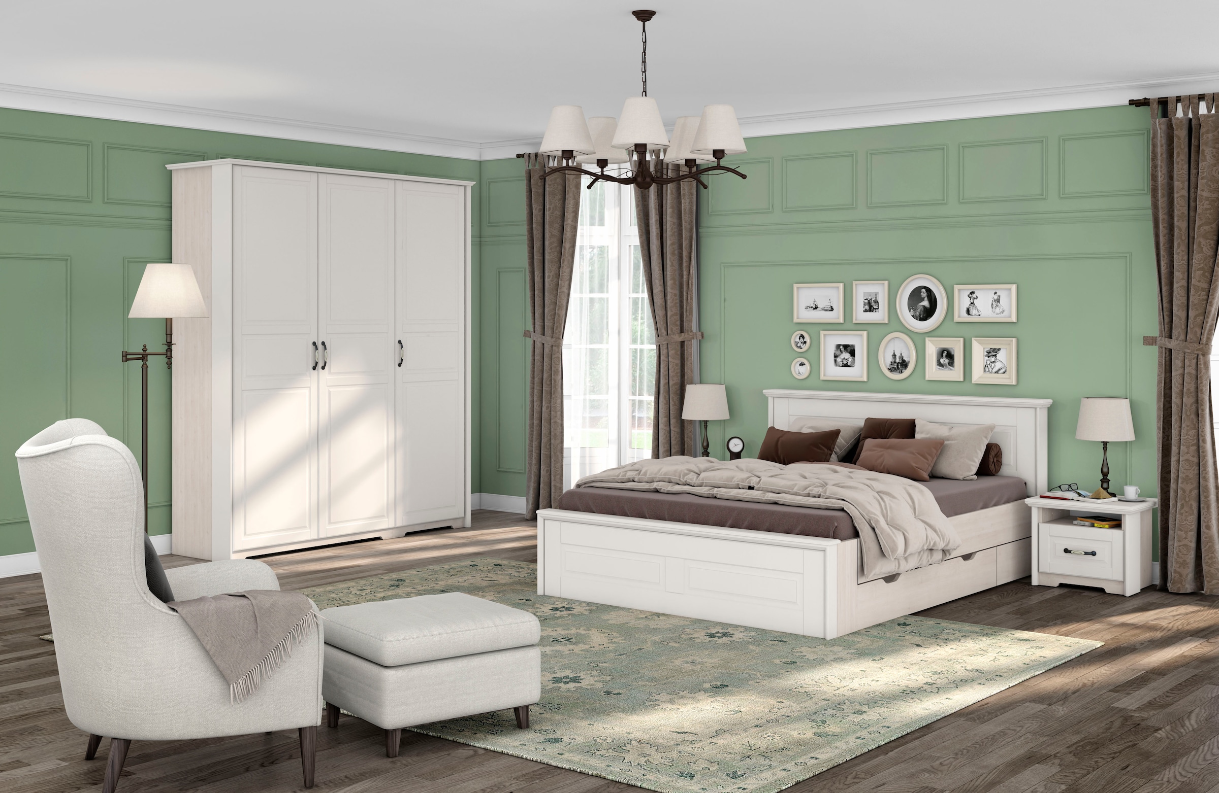 Home affaire Kleiderschrank »Evergreen, wahlweise in 3 Breiten, Höhe 224cm!«, (besonders dekorierter Metallgriff, Kasettenoptik in der Front), im klassischen Landhausstil,FSC-zertifiziert,hochwertige UV Lackierung