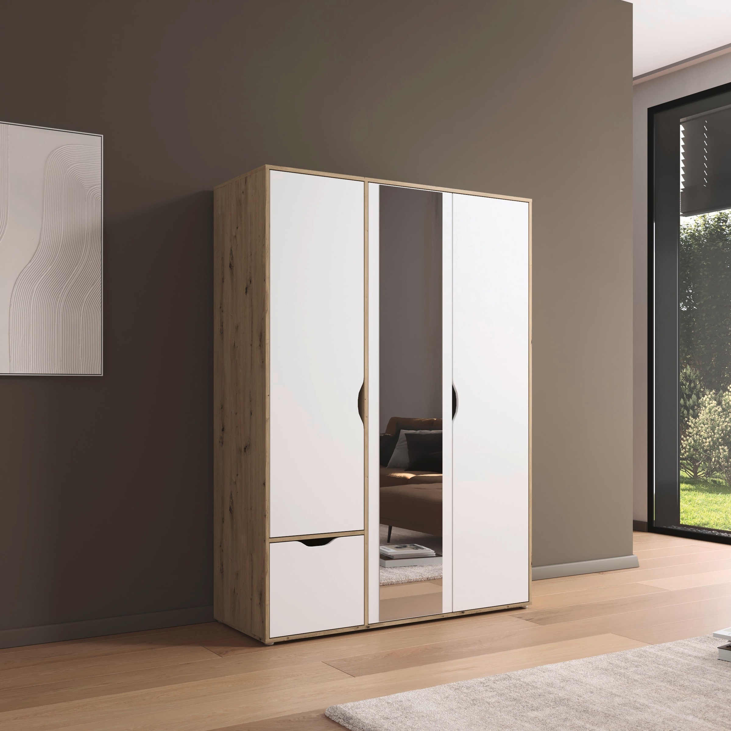 rauch Drehtürenschrank »Kleiderschrank Schrank Garderobe Wäscheschrank NARAI mit Schubladen«, (in 3 verschiedenen Ausstattungen BASIC/CLASSIC/PREMIUM), Griffausfräsungen für eine grifflose Optik TOPSELLER MADE IN GERMANY