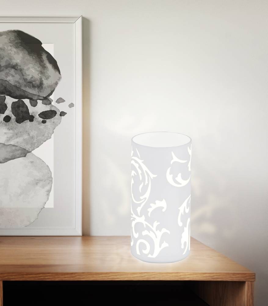 EGLO Tischleuchte »GEO Tischlampe, opalmattes Glas mit floralem Muster, Schalter am Kabel«, 1 flammig, Leuchtmittel E14 | Leuchtmittel wechselbar-ohne Leuchtmittel, Nachttischlampe, Deko-Leuchte, Schlafzimmer, 165cm Kabel, 20x10cm