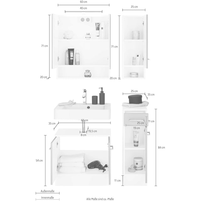 (4 Raten »Ribera«, HELD bestellen MÖBEL Spiegelschrank, St.), Badmöbel-Set Hängeschrank, Unterschrank Waschplatz, auf