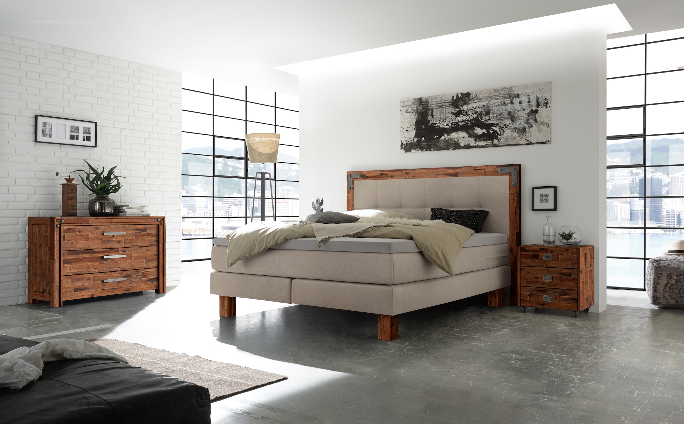 HASENA Boxspringbett Memphis, im Vintagelook, Massivholz-Umrandung, Tonnentaschen-Federkernmatratze