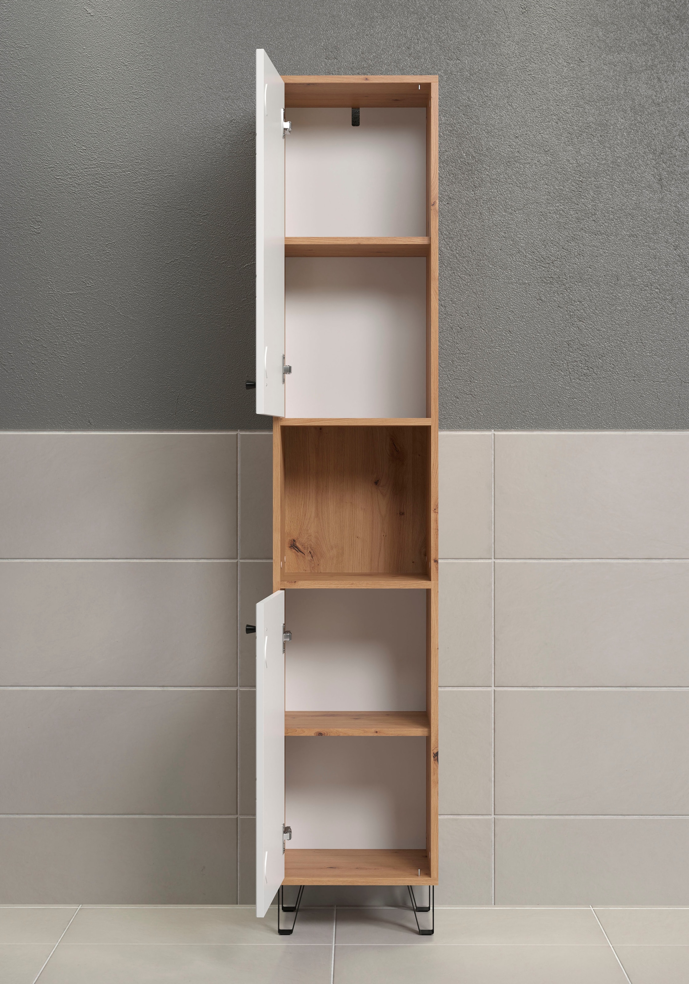 Places of Style Hochschrank »Tarragona«, (1 St.), Breite 36 cm, 2 Türen, Retro Metallfüße, matt, braune Holzoptik / weiß