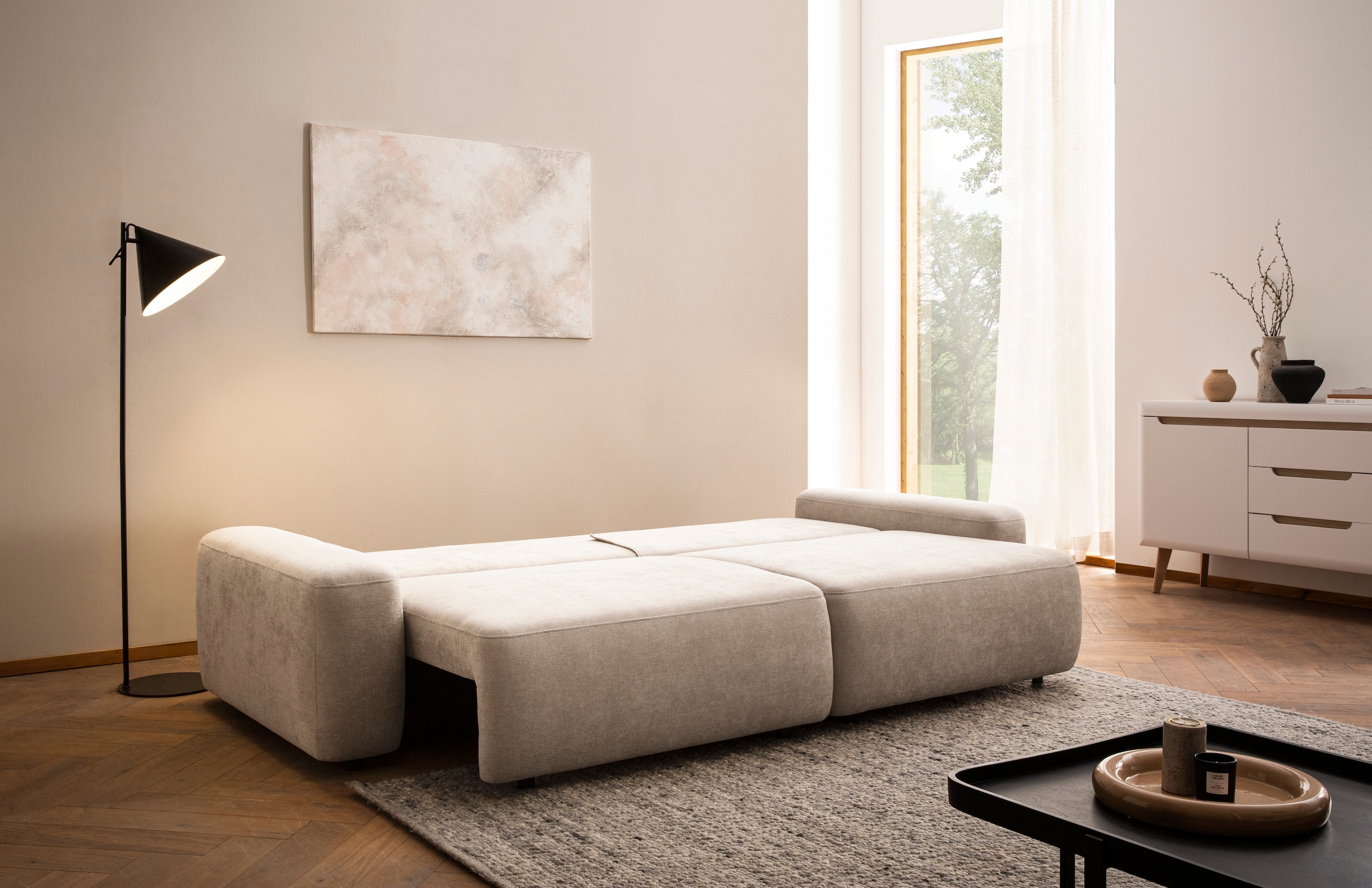 INOSIGN 3-Sitzer »TORGE (257cm), Sofa,Schlafsofa in Cord, Samtvelours, Struktur fein«, rundes Design, Schlaffunktion u. Bettkasten, Liegefläche: 135/200 cm