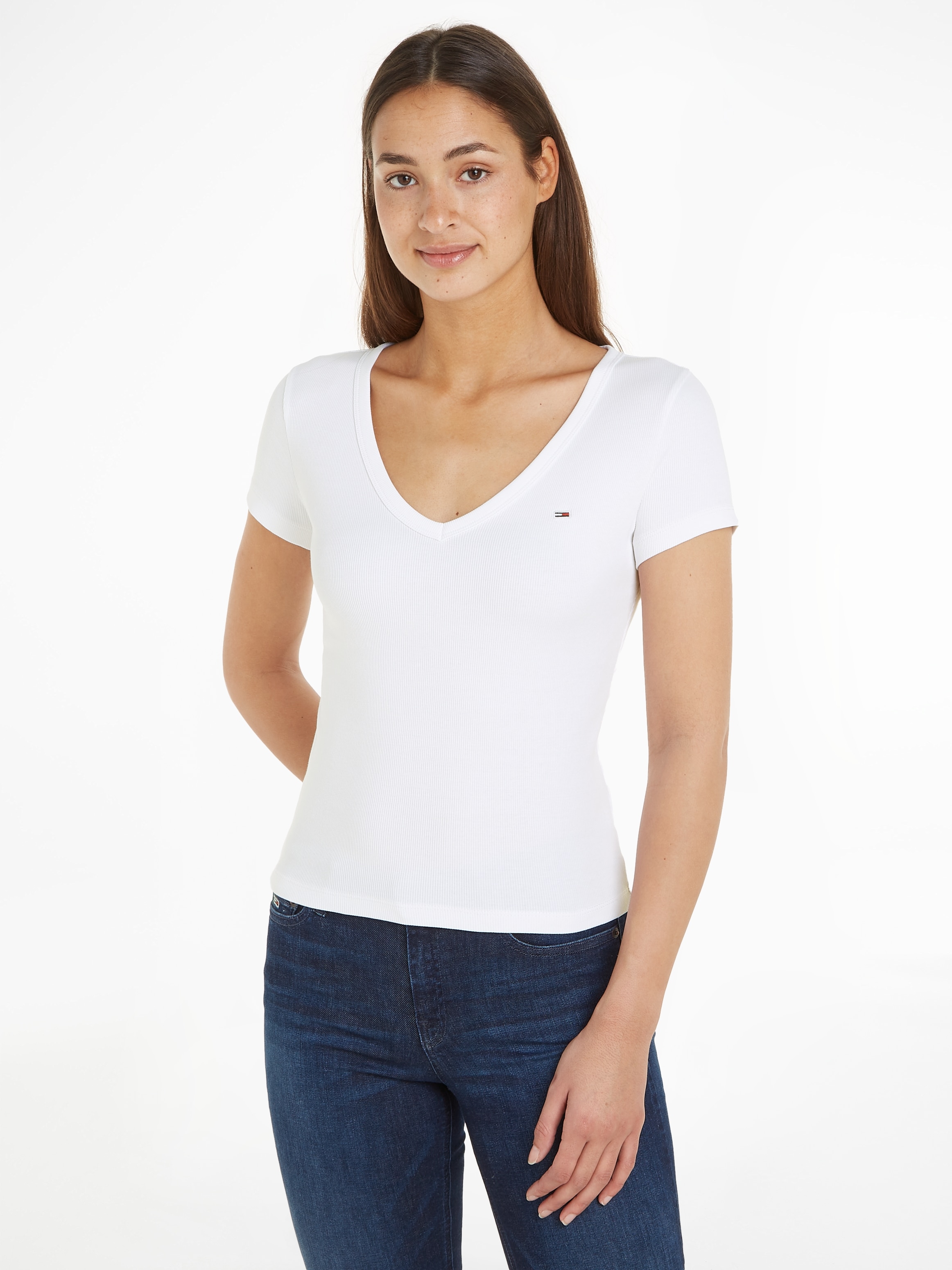 T-Shirt »Slim Essential Rib V-Neck Rippshirt«, mit Logostickerei