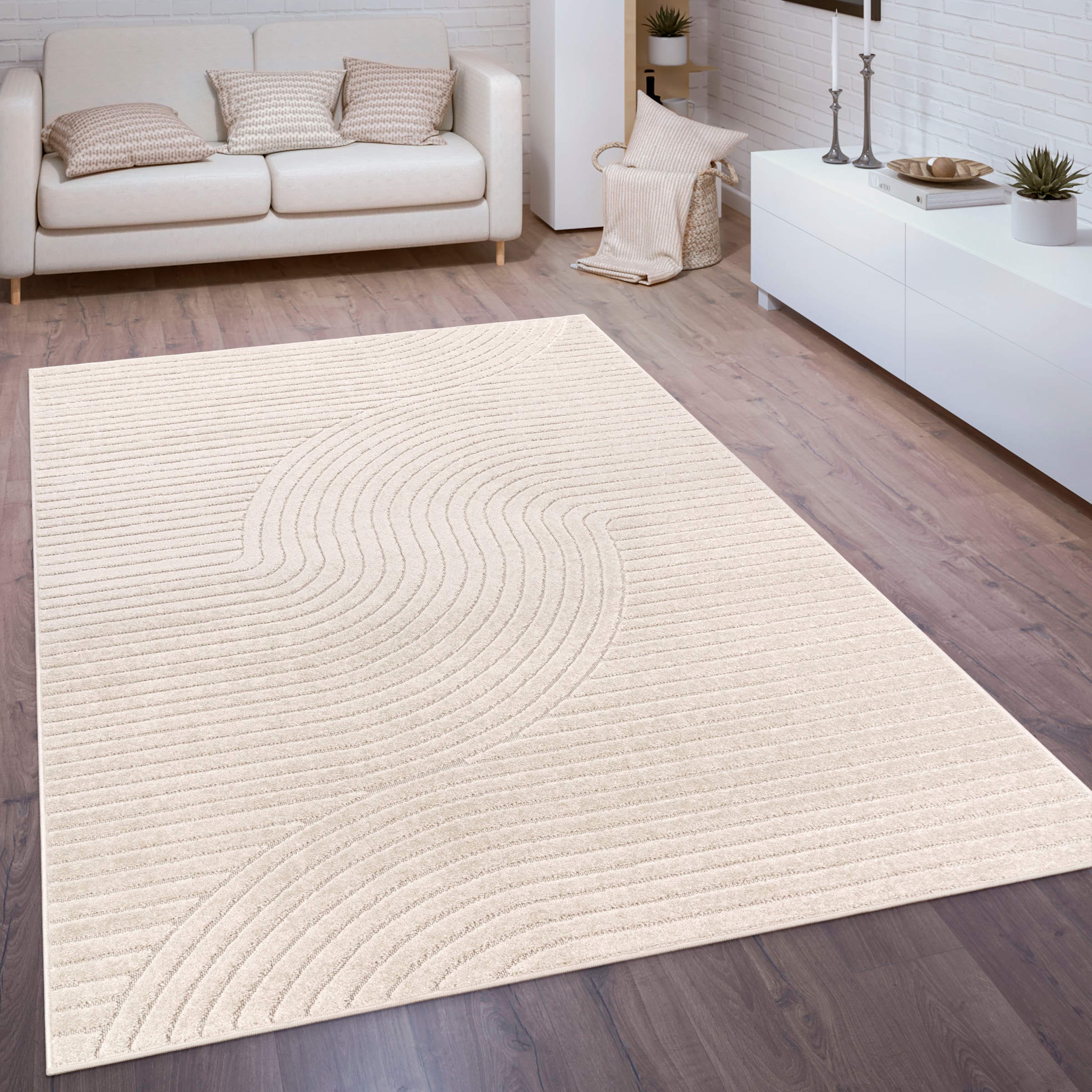 Paco Home Teppich »Cotton 233«, rechteckig, Kurzflor, Uni Farben, Hoch-Tief-Effekt, Scandi-Look, Outdoor geeignet