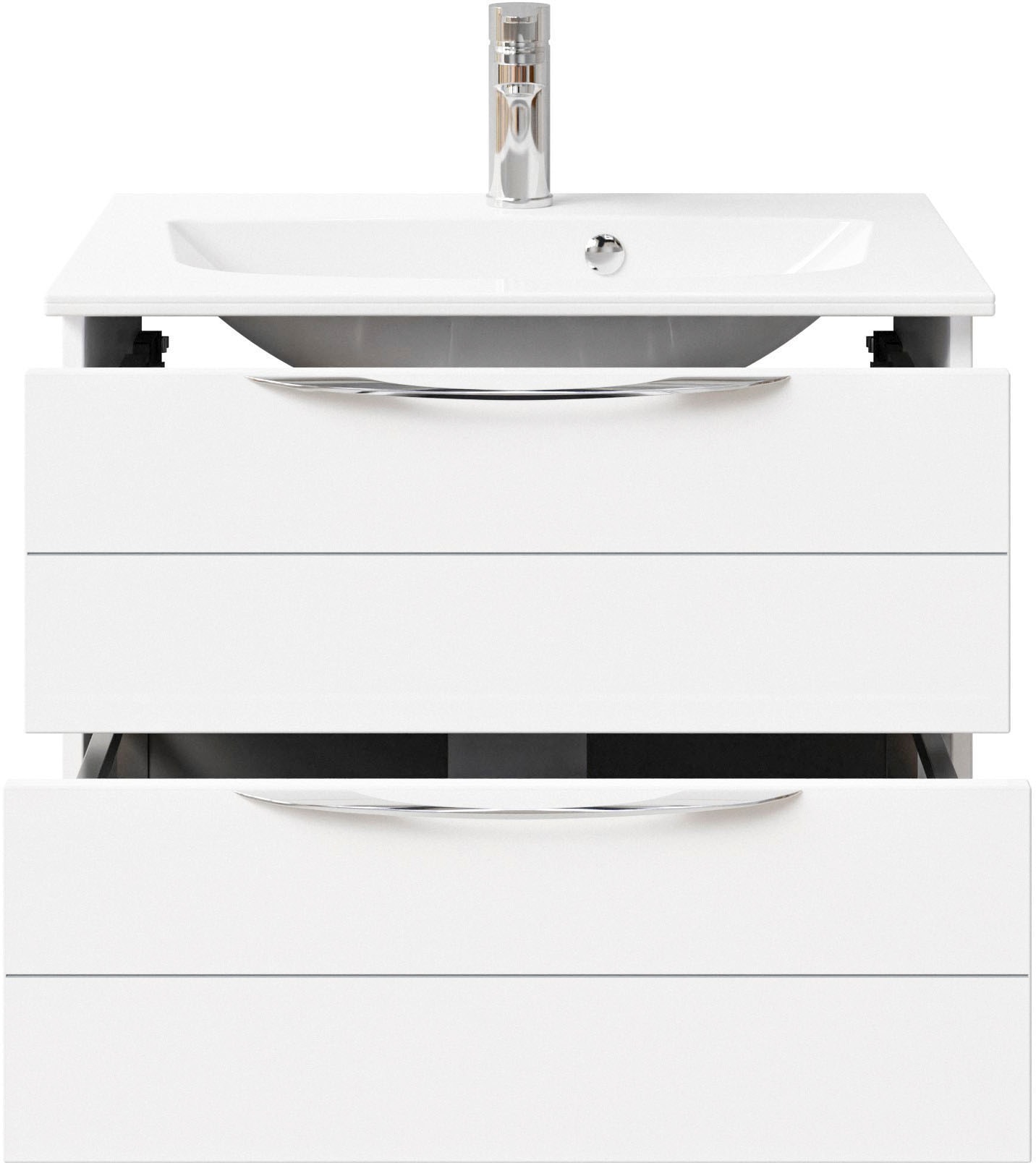 Saphir Badmöbel-Set »Serie 6025 2-teilig Mineralmarmor-Waschtisch mit LED-Spiegelschrank«, (2 St.), Waschplatz 67 cm breit, 2 Schubladen, 2 Spiegel-Türen, inkl Türdämpfer