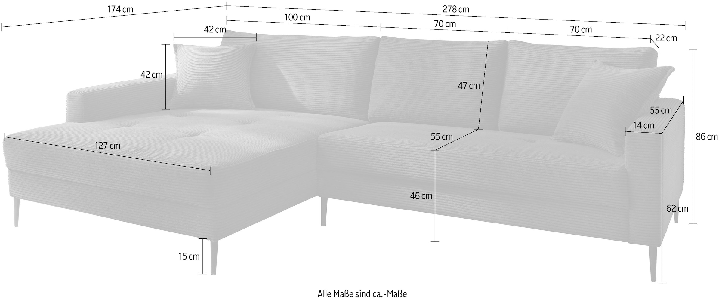 Trends by HG Ecksofa »Summer L-Form«, in Cord-Stoff mit Metallfuß