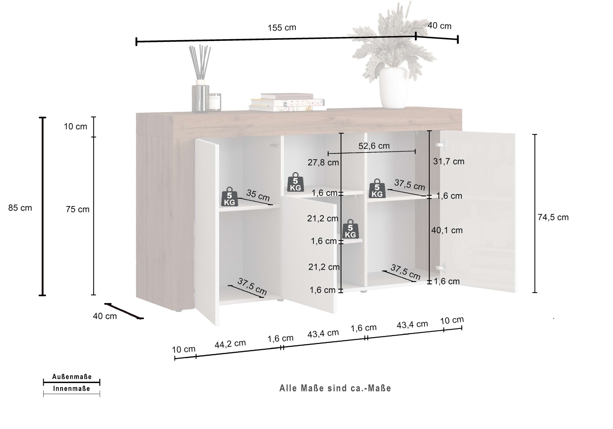 INOSIGN Sideboard »CHRONOS Breite 155 cm mit 3 Türen, 1 offenes und 6 geschlossene Fächer«, (1 St.), Sideboard,Kommode, Schrank, Grifflos mit Push to Open, Made in Italy