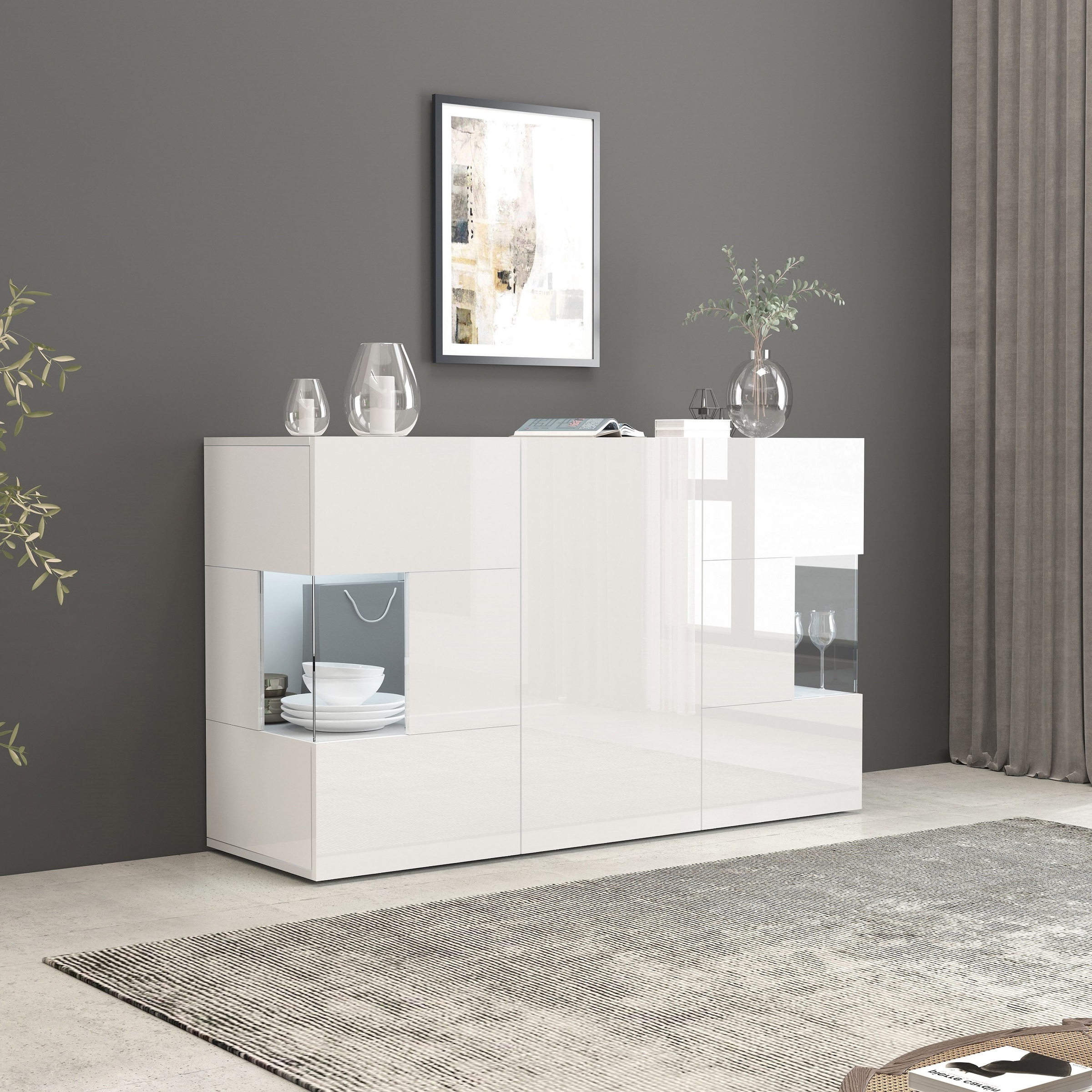 INOSIGN Sideboard »Egypt, Kommode, Schrank, Kredenz, Vitrine grifflos«, 3 Türen davon 2 mit Glaseinsatz, kompl. Hochglanz lackiert Breite 135