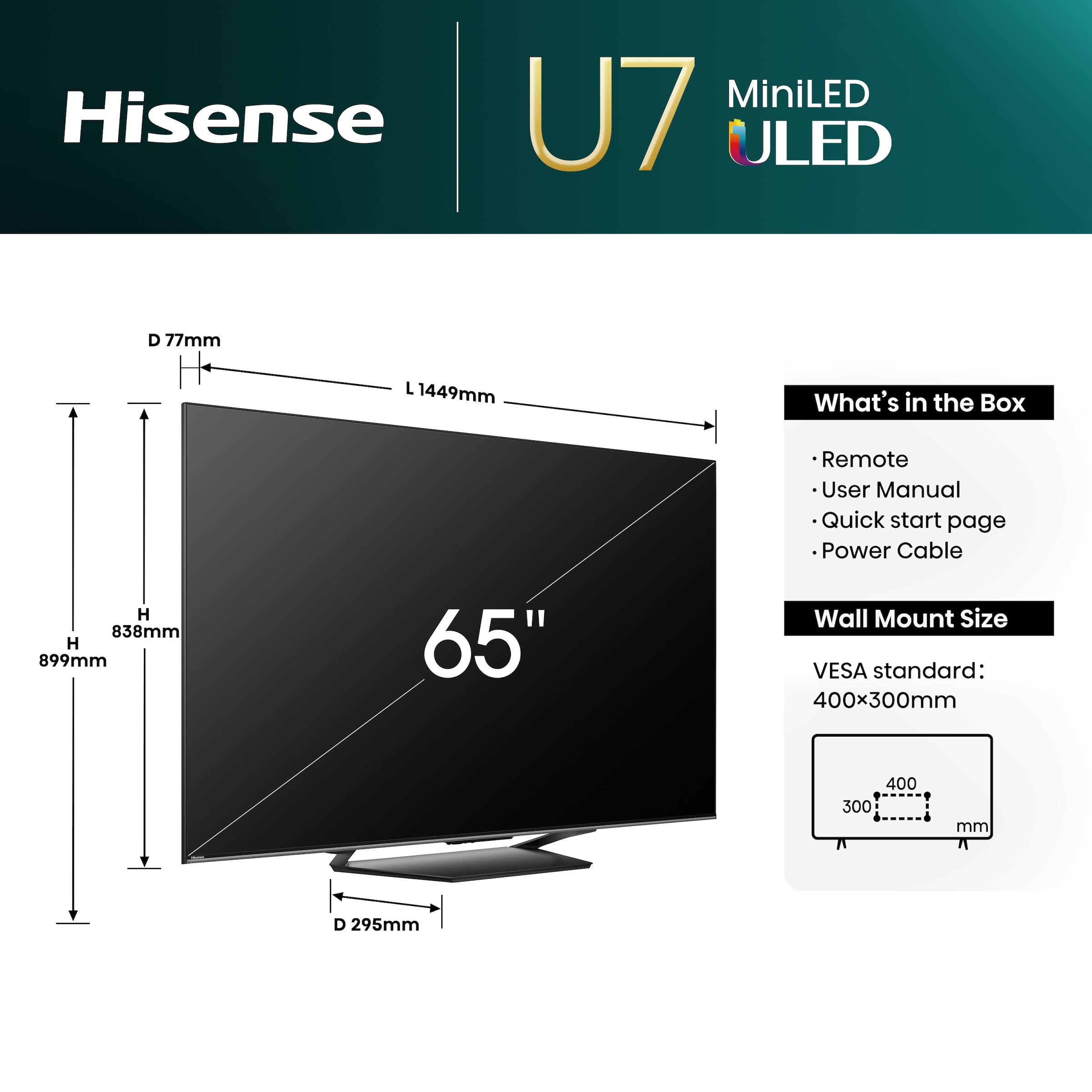 Hisense Mini-LED-Fernseher »65U7NQ«, 4K Ultra HD, Smart-TV, 4KUHD, ULED, Mini LED