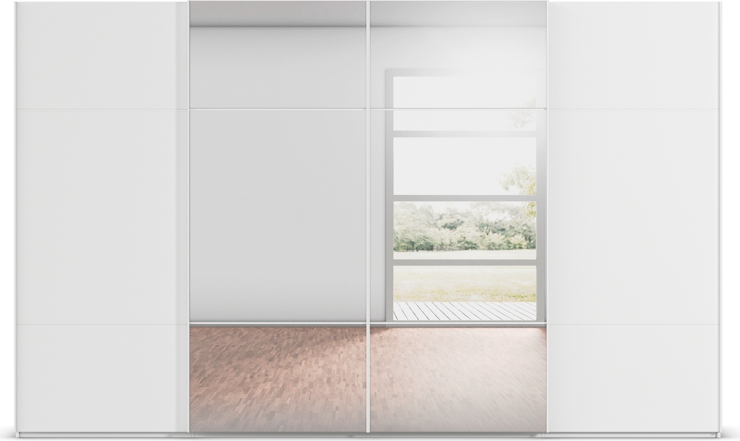 rauch Schwebetürenschrank »Kleiderschrank Schrank Garderobe Schlafzimmerschrank SCALE-TRIO«, edle dreigeteilte Front mit 2 Zierleisten und Spiegel MADE IN GERMANY