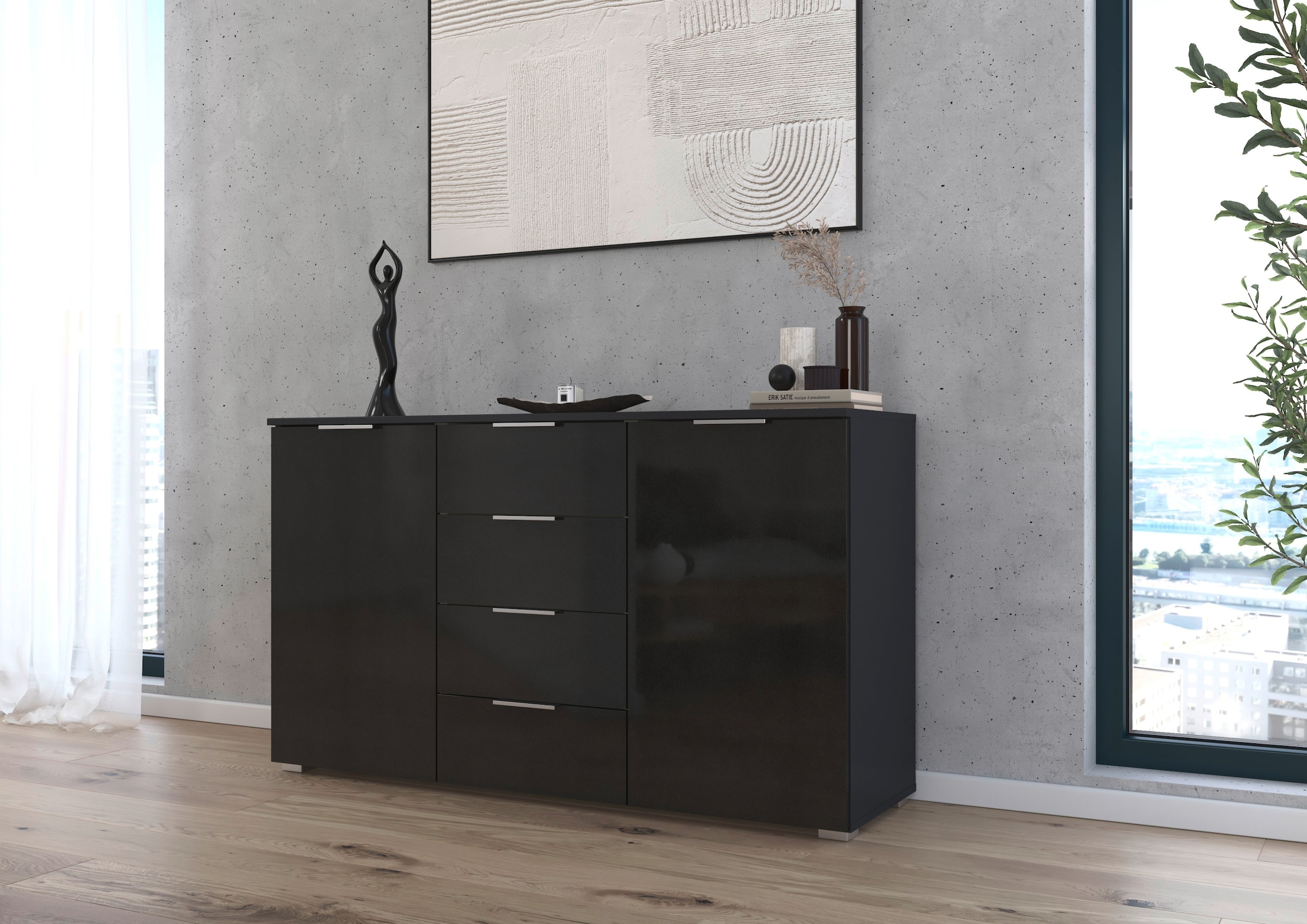 rauch Kombikommode »Sideboard Schubladenkommode AGORDO mit Dekor- oder Hochglanzfront«, (in zwei Griff-Farben, Breite 120 cm inkl. Soft-Close-Funktion), vier große Schubladen, mit insgesamt 4 Einlegeböden MADE IN GERMANY