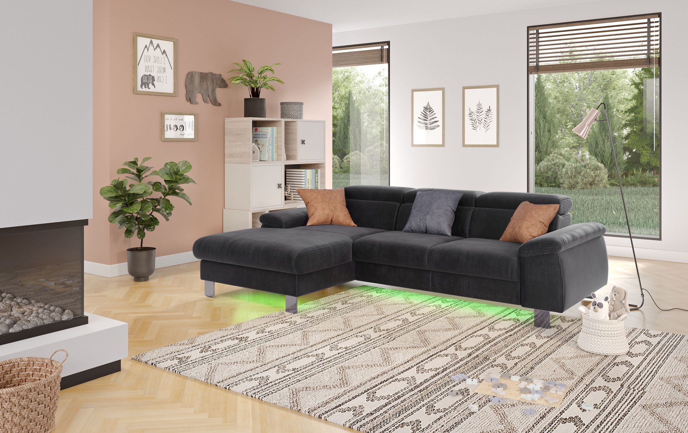 COTTA Ecksofa Komaris, Ecksofa, wahlweise mit RGB-LED-Beleuchtung und Bettfunktion/Bettkasten