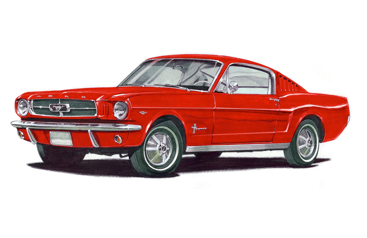 Papermoon Fototapete »MUSTANG FASTBACK 1965-VINTAGE AUTO ILLUSTRATION RETRO günstig online kaufen