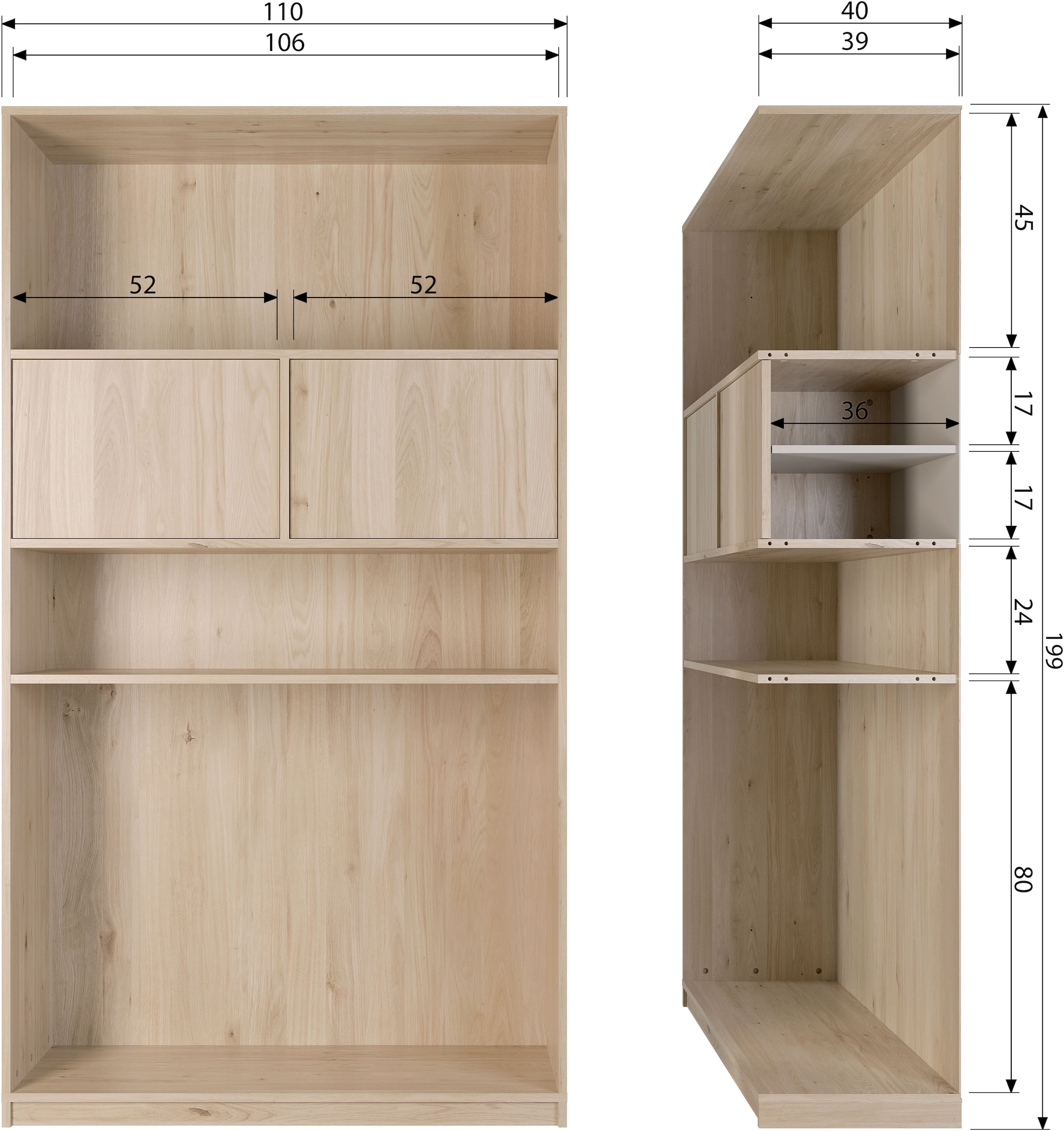 WOOOD Stauraumregal »Modulair mit FSC® Eichenfurnier und Push-to-open B110 x T40 x H199 cm« Tragkraft 15 kg pro Einlegeboden, einfach zu montieren