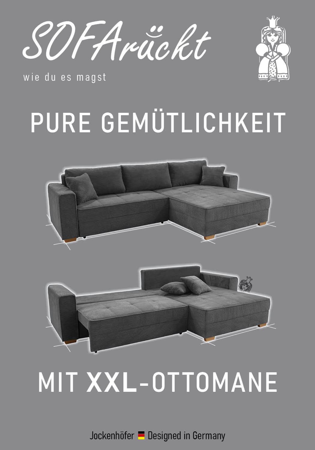 Jockenhöfer Gruppe Ecksofa »Bologna, L-Form, Breite: 298 cm, Cord-Bezug, beidseitig montierbar« mit Schlaffunktion, Bettkasten & Zierkissen, XXL-Ottomane